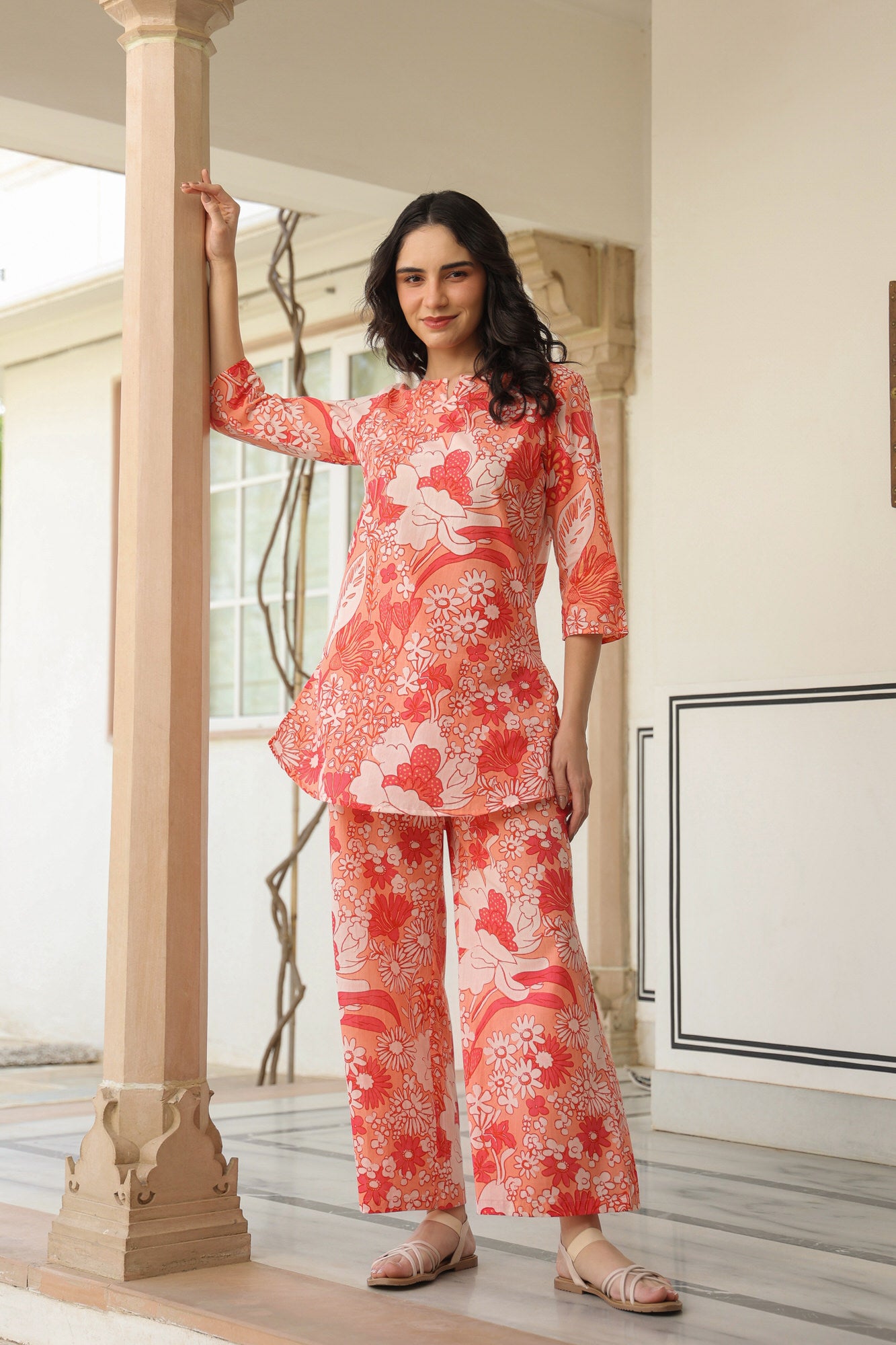 Crimson Garden Cotton Palazzo Loungewear Set