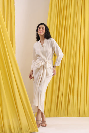 Off-White Solid Wrap Style Russian Silk Co-ord Set