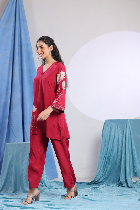 Maroon Floral Floral Motif Printed Co-ord Set