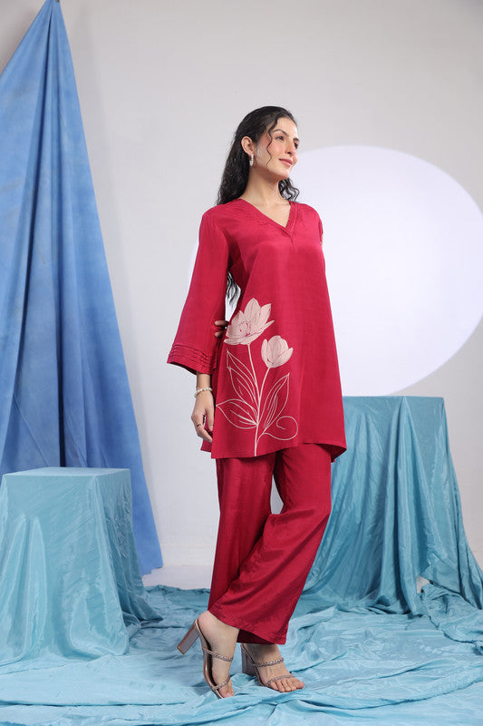 Maroon Floral Floral Motif Printed Co-ord Set