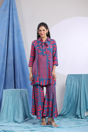 Blue & Pink Abstract Printed Russian Silk Co-ord Set