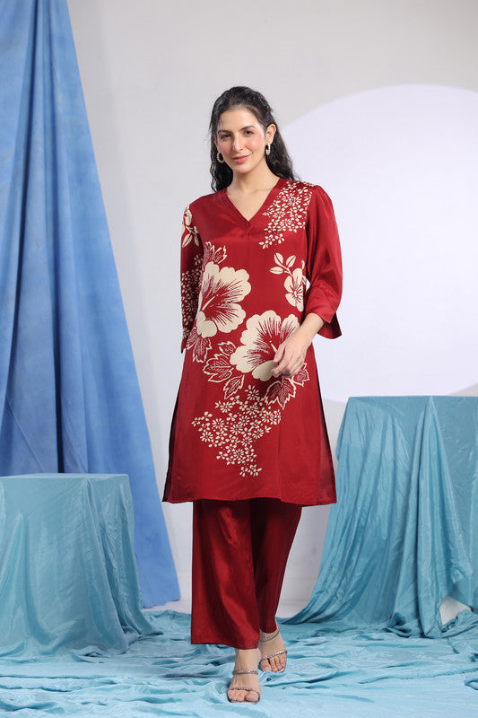 Maroon Floral Printed Co-ord Set