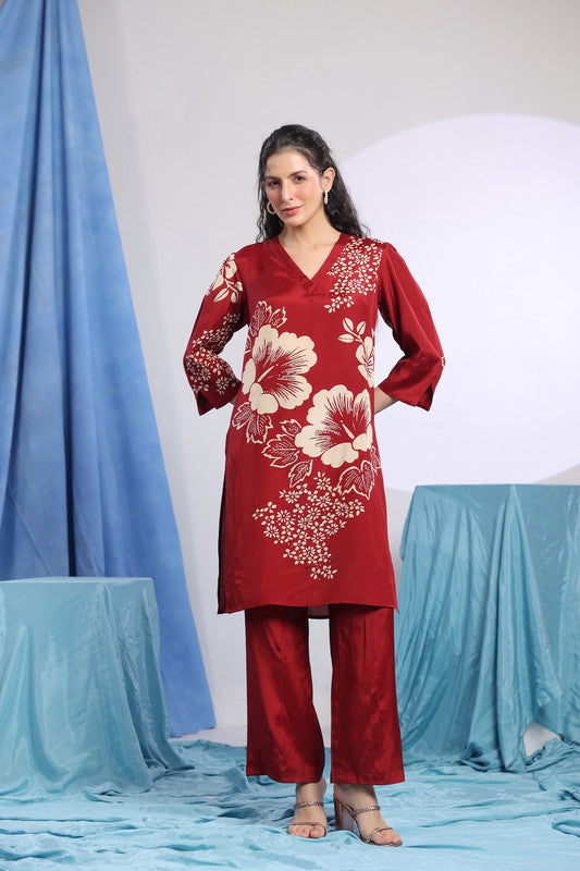 Maroon Floral Printed Co-ord Set