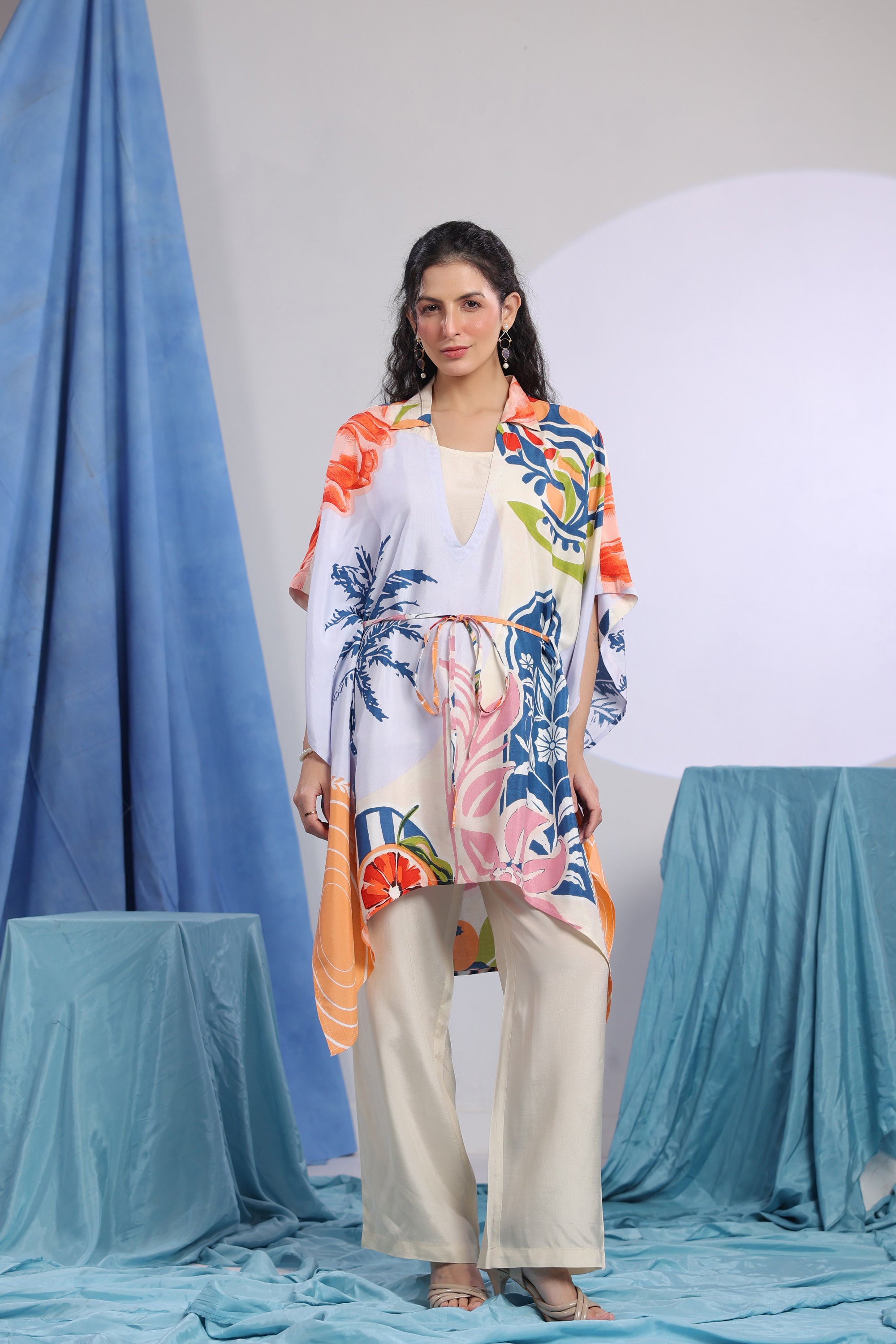 Multicolour Tropical Printed Casual Russian Silk Co-ord Set