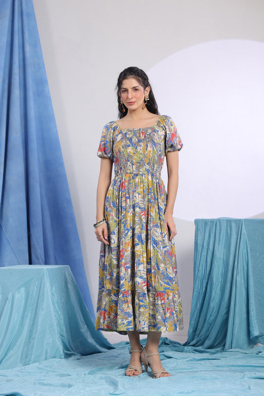 Multicolour Floral Print Smocked Midi Dress