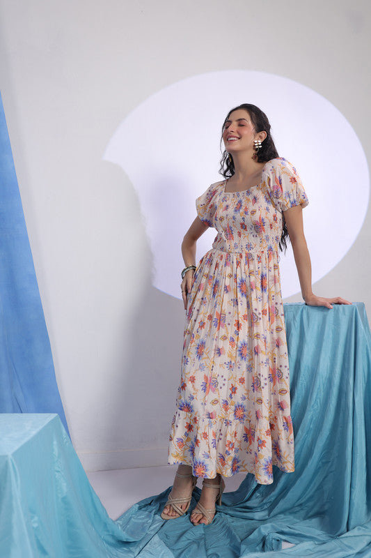 Peach Floral Print Smocked Midi Dress