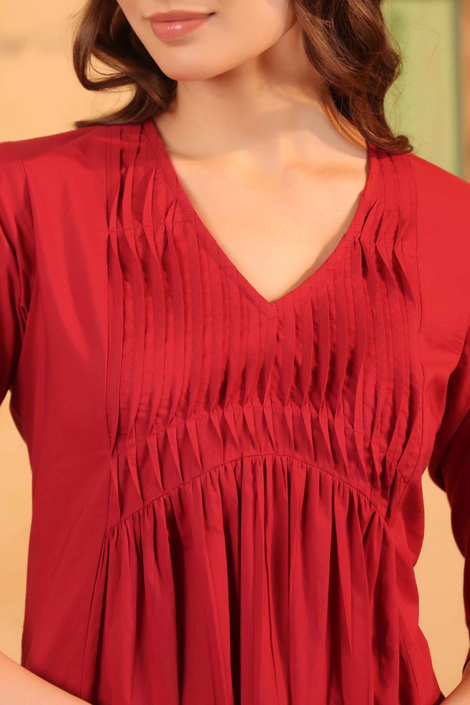 Red Minimal Pintuck A-Line Solid Designer Cotton Kurta with Pant Set