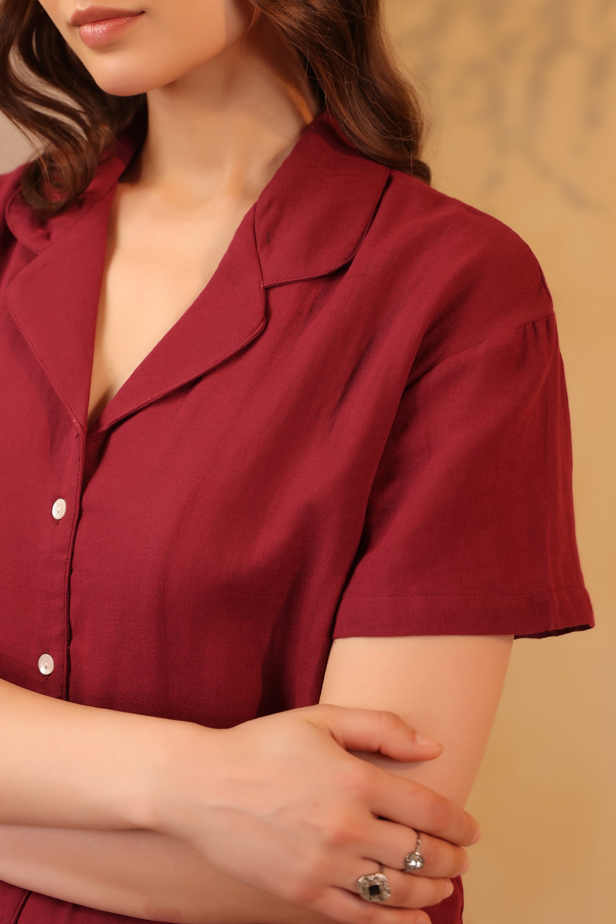 Maroon Solid Cotton Button-Down Night Suit Set