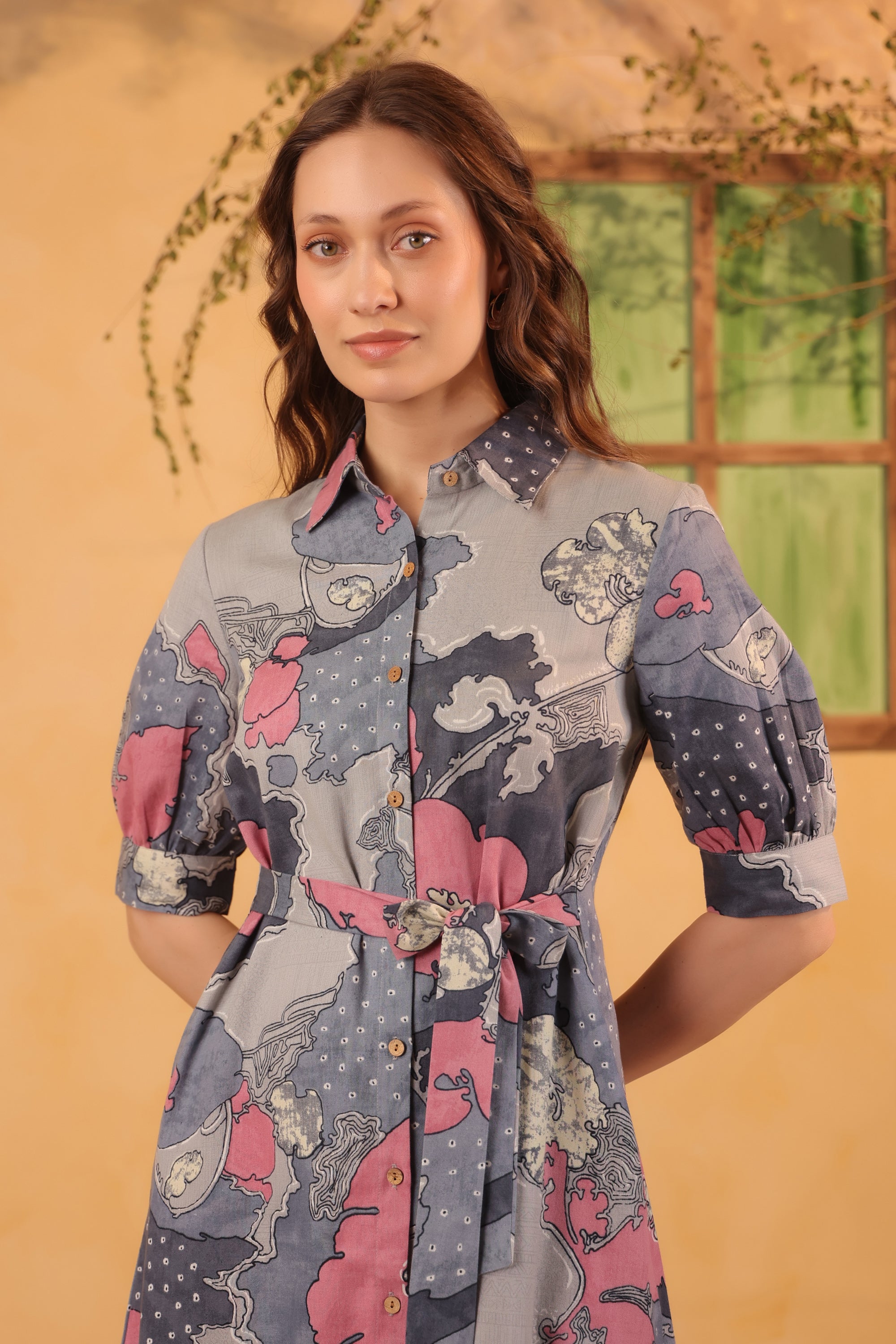 Grey Multi-Floral Abstract Printed Cotton Flex Button-Front Tie-Waist Midi Dress