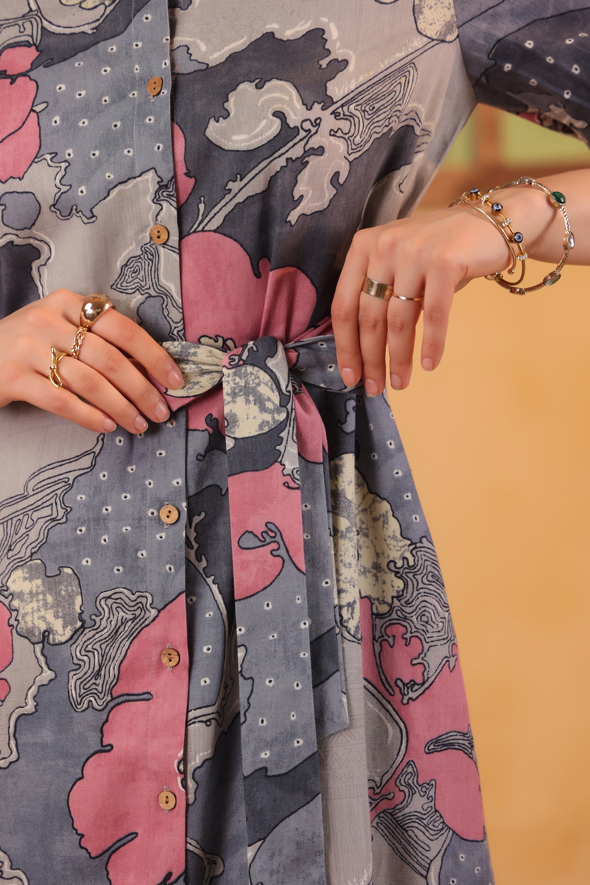 Grey Multi-Floral Abstract Printed Cotton Flex Button-Front Tie-Waist Midi Dress