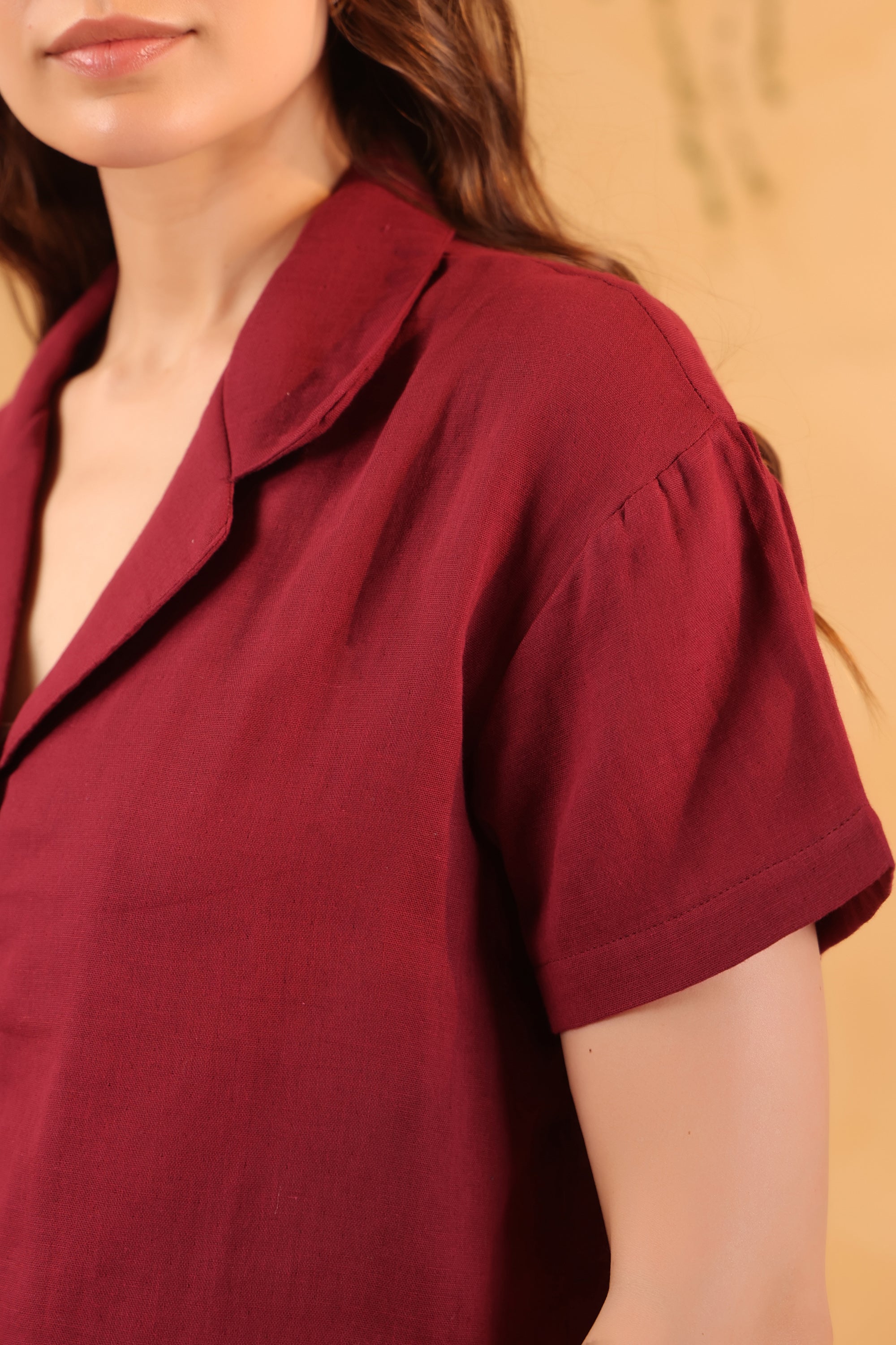 Maroon Solid Cotton Short Sleeve Night Suit Set