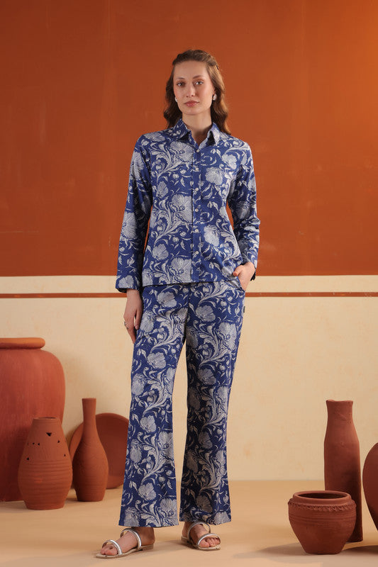Navy Blue Garden Floral Printed Relaxed Fit Shirt & Pant Cotton Co-ord Set