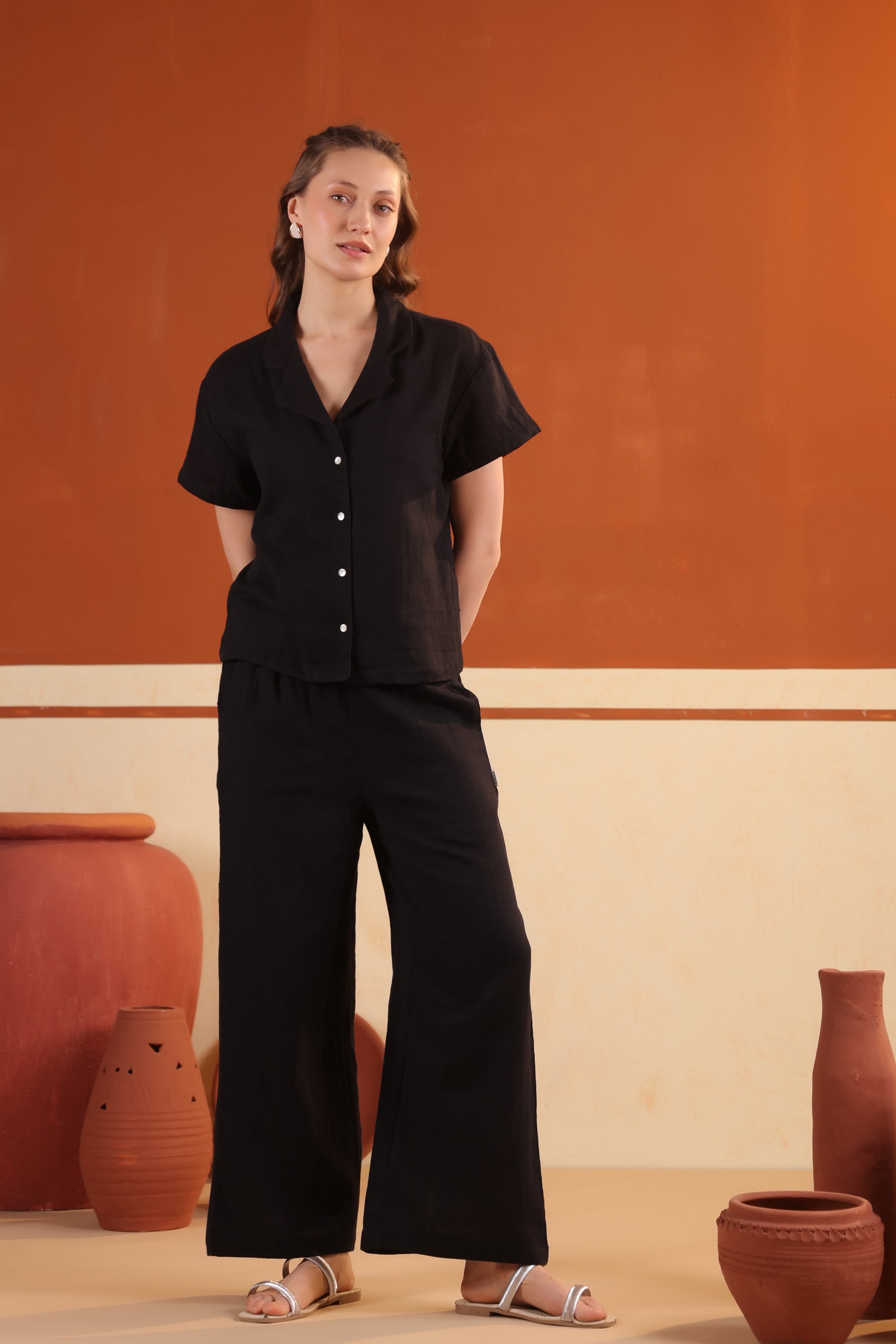 Black Solid Cotton Relaxed Fit Night Suit Set