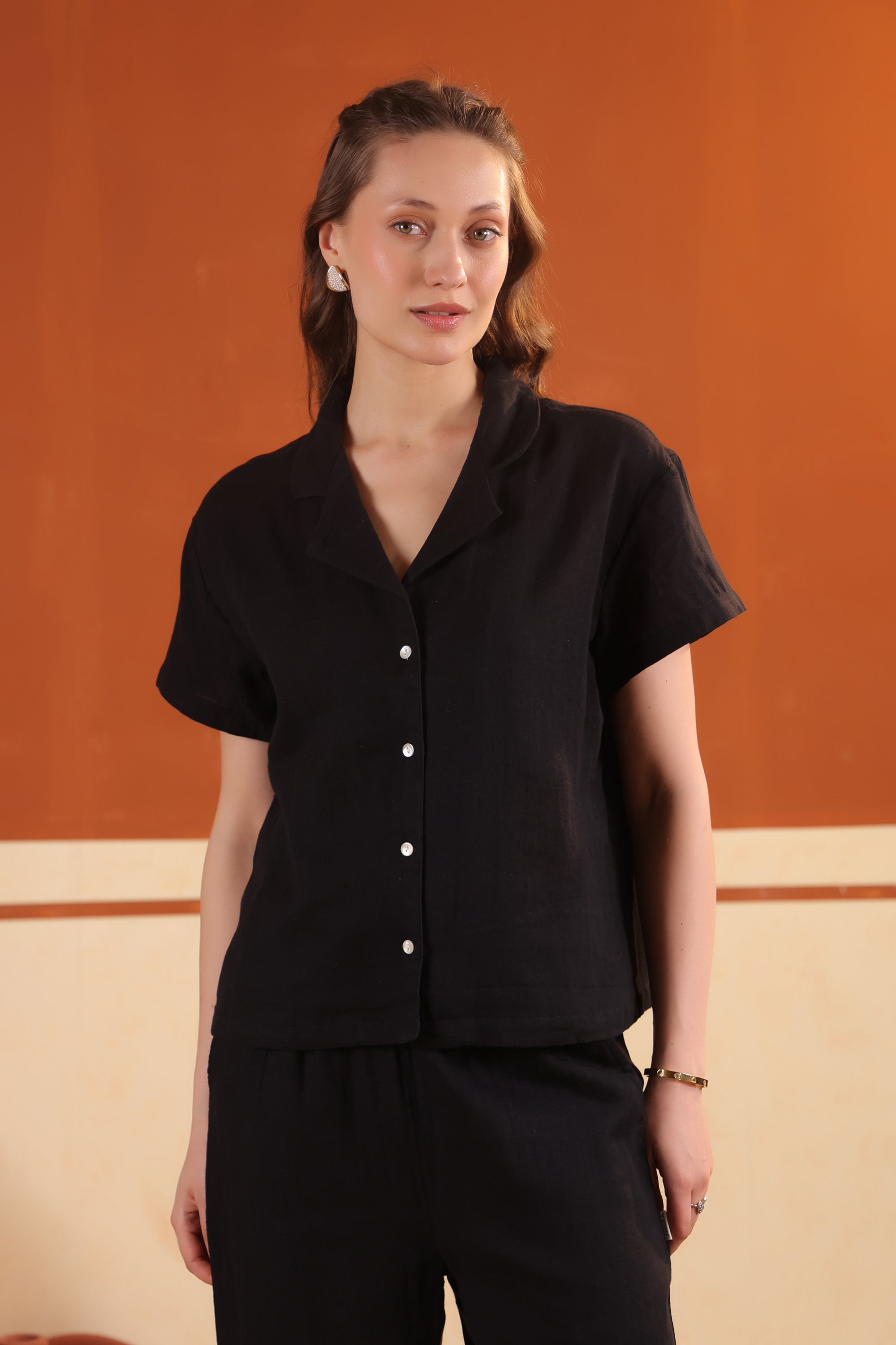 Black Solid Cotton Relaxed Fit Night Suit Set