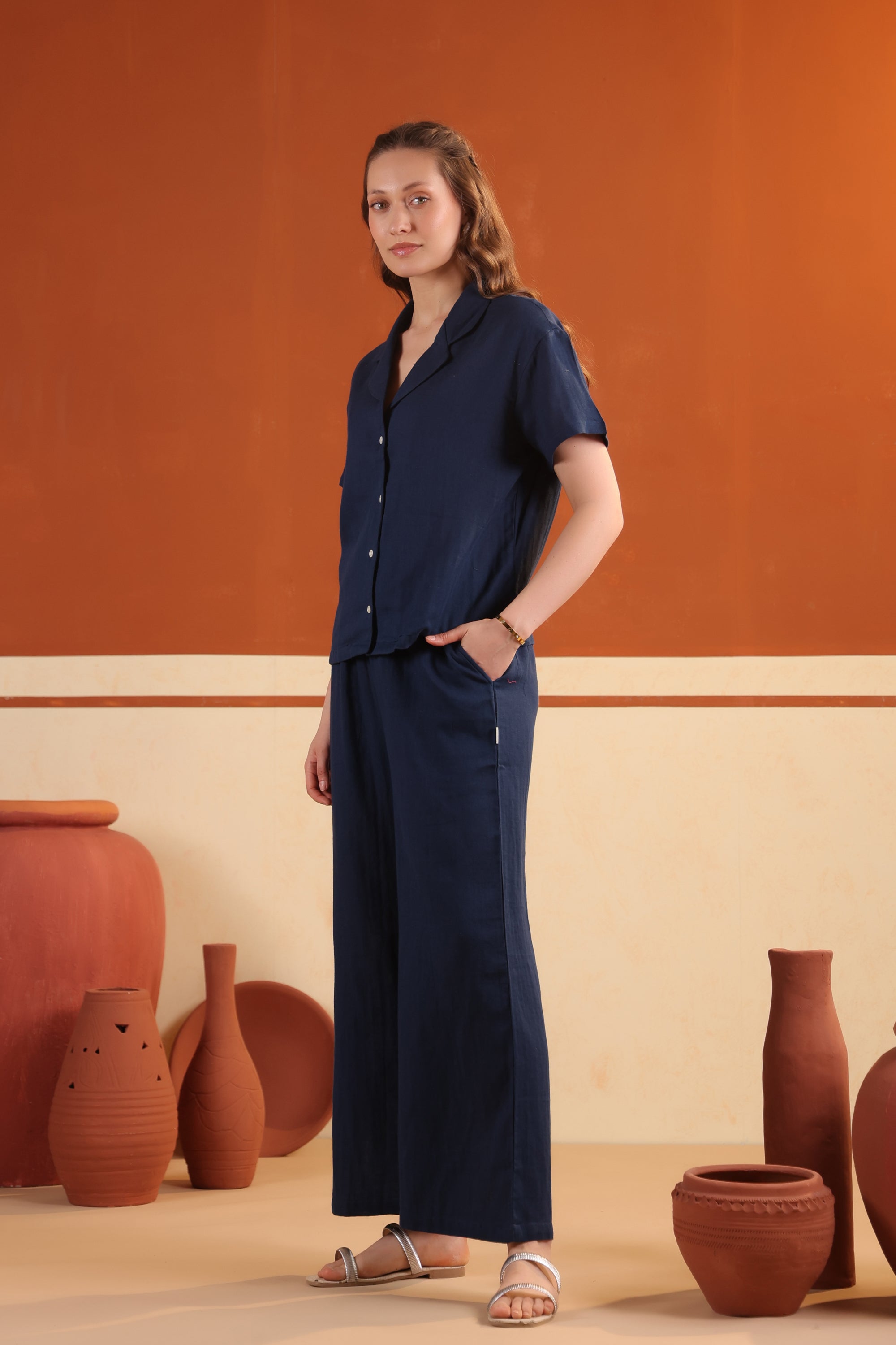 Navy Blue Solid Button-Down Night Suit Set With Pants