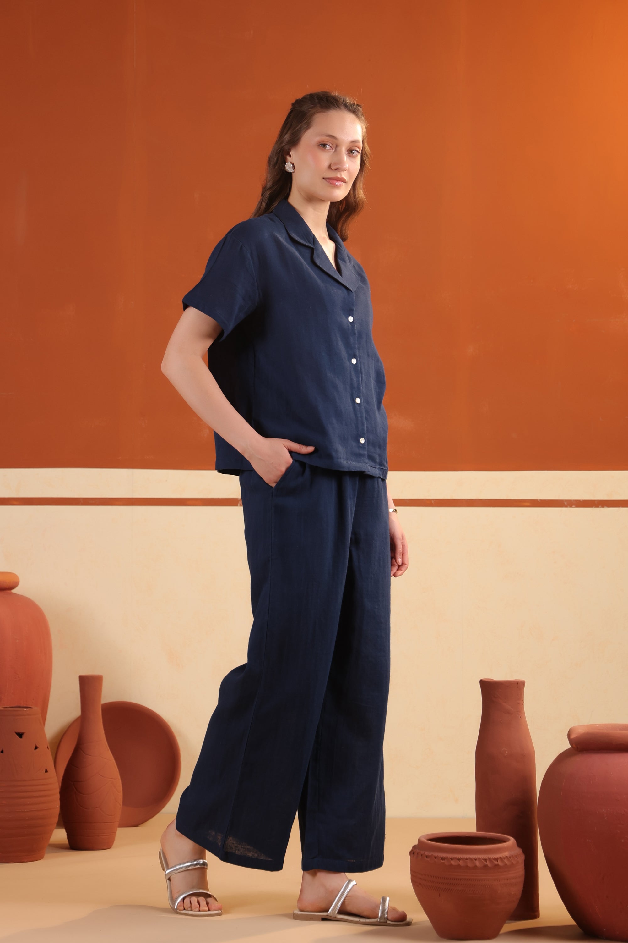 Navy Blue Solid Button-Down Night Suit Set With Pants