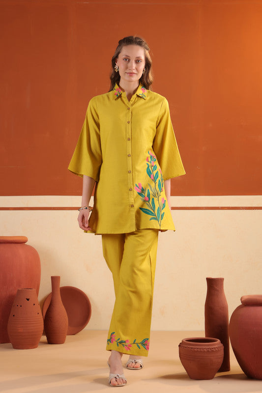 Mustard Yellow Floral Printed Cotton Button-Down Shirt with Matching Pants Co-ord Set