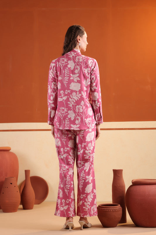Pink Blossom Printed Cotton Shirt with Straight Pants Co-ord Set