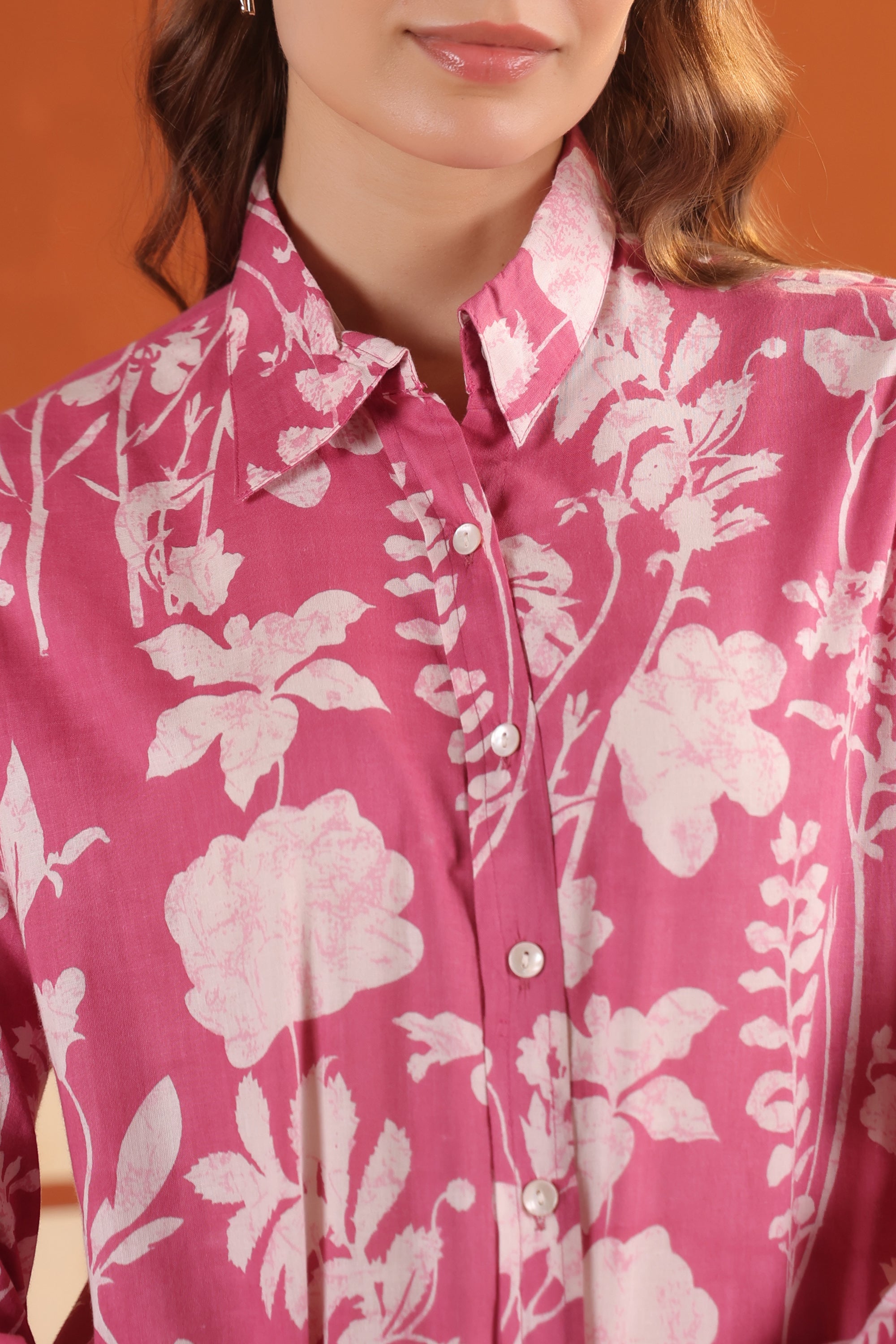 Pink Blossom Printed Cotton Shirt with Straight Pants Co-ord Set