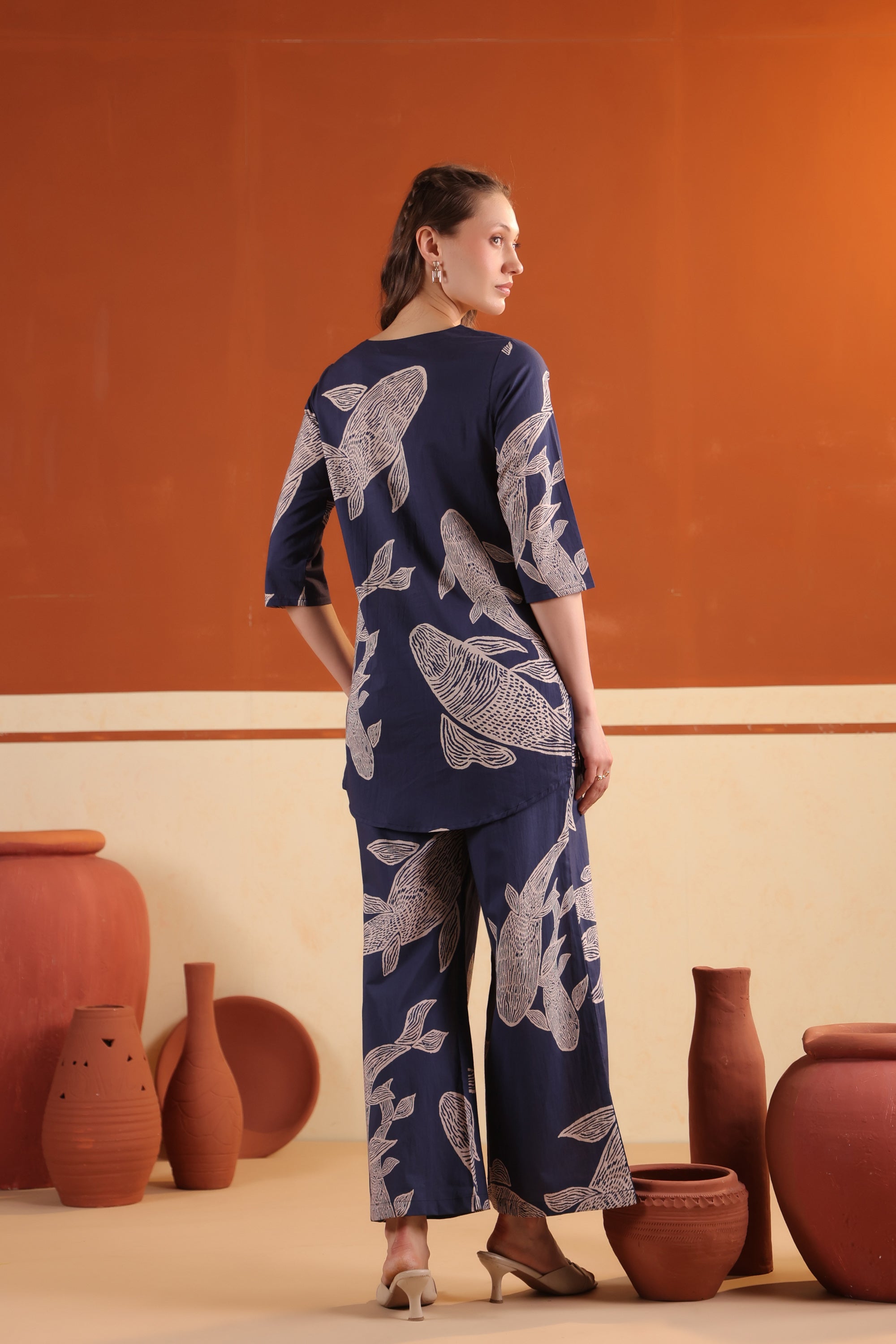 Navy Blue Abstract Fish Printed Tunic with Wide-Leg Pants Cotton Co-ord Set