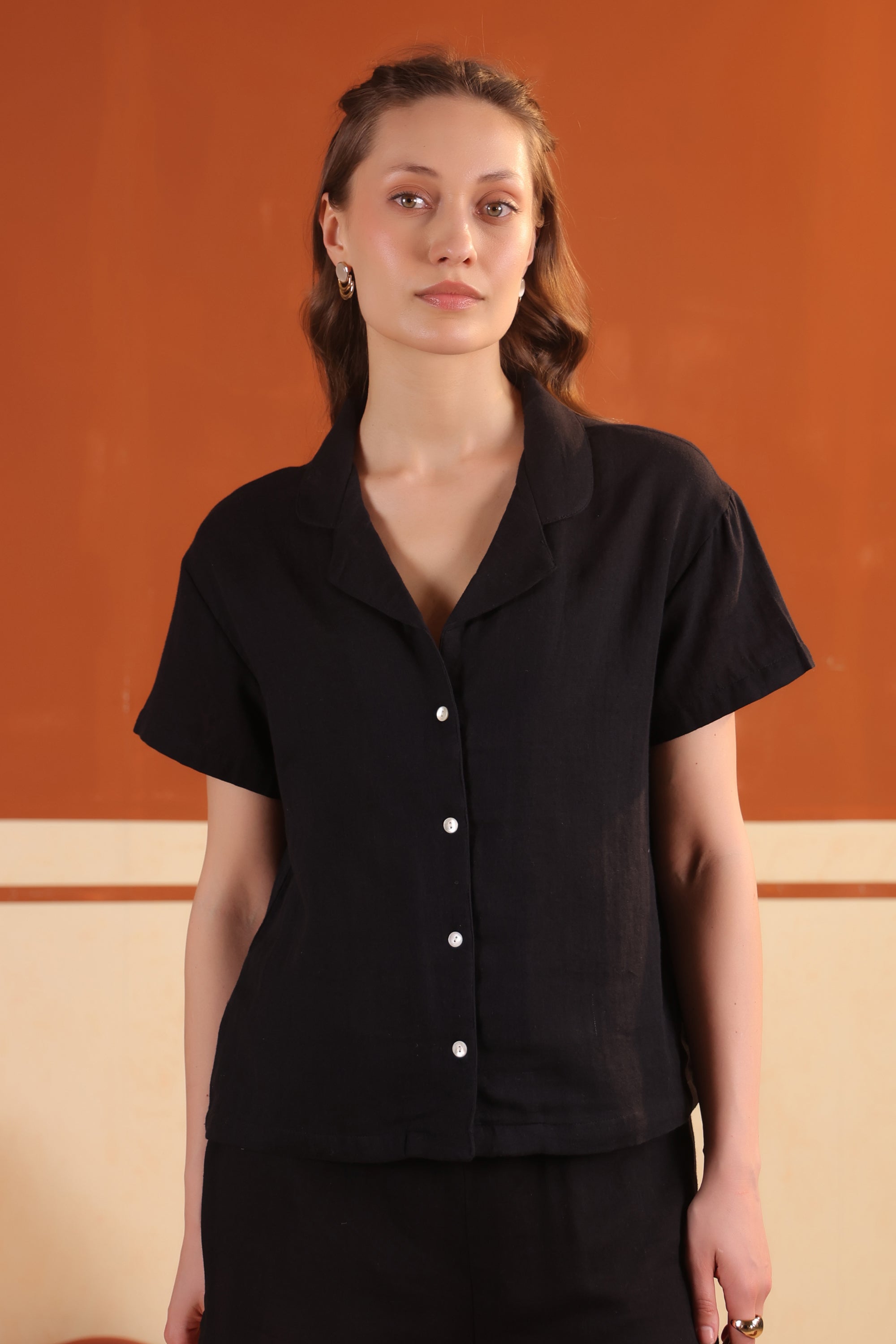 Black Solid Cotton Night Suit Set With Shorts