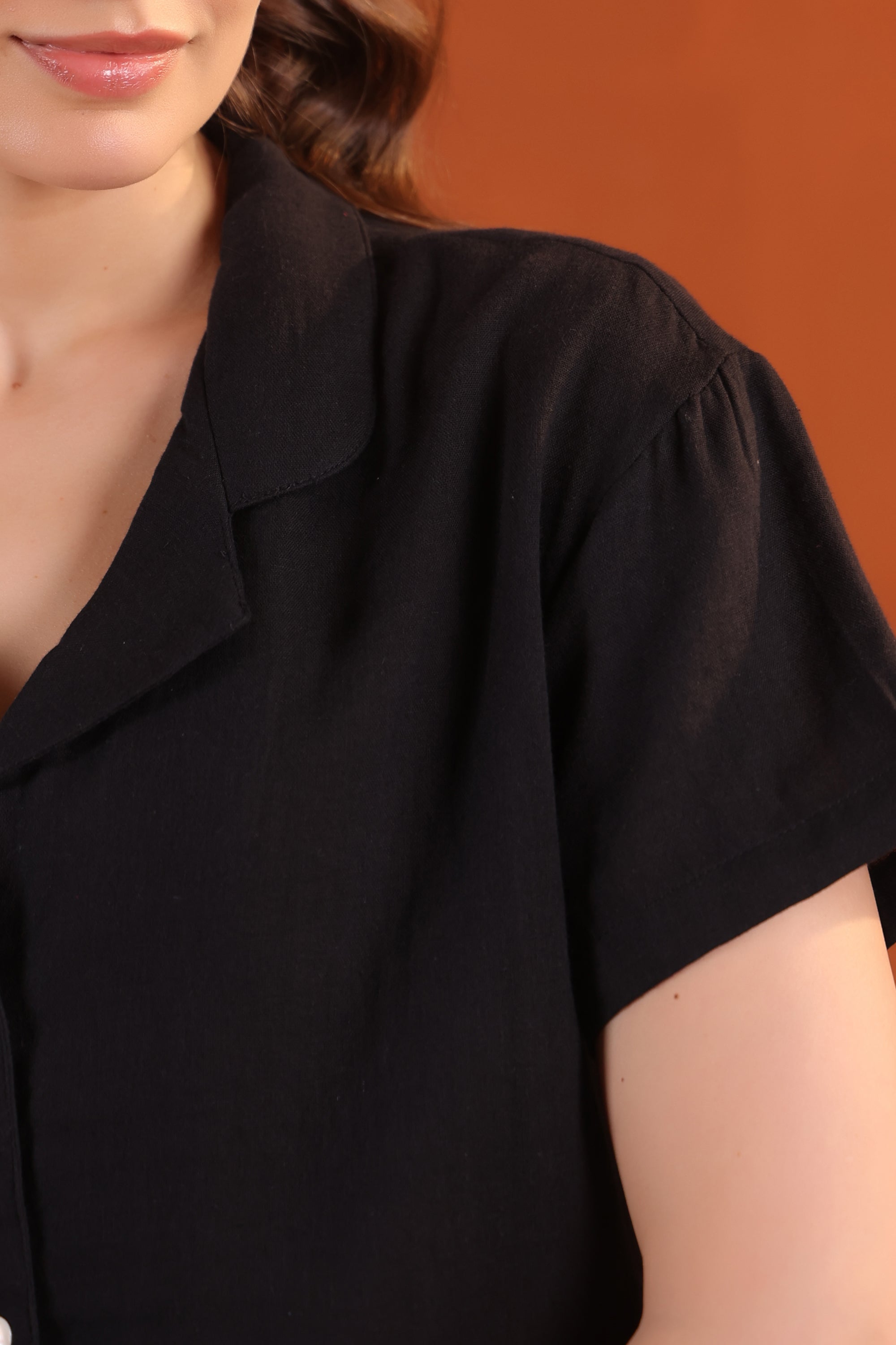 Black Solid Cotton Night Suit Set With Shorts