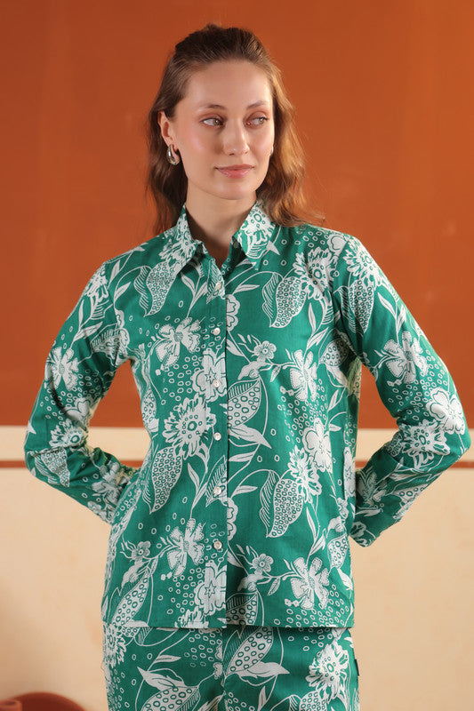 Green Floral Button-Down Printed Two Piece Cotton Co-ord Set