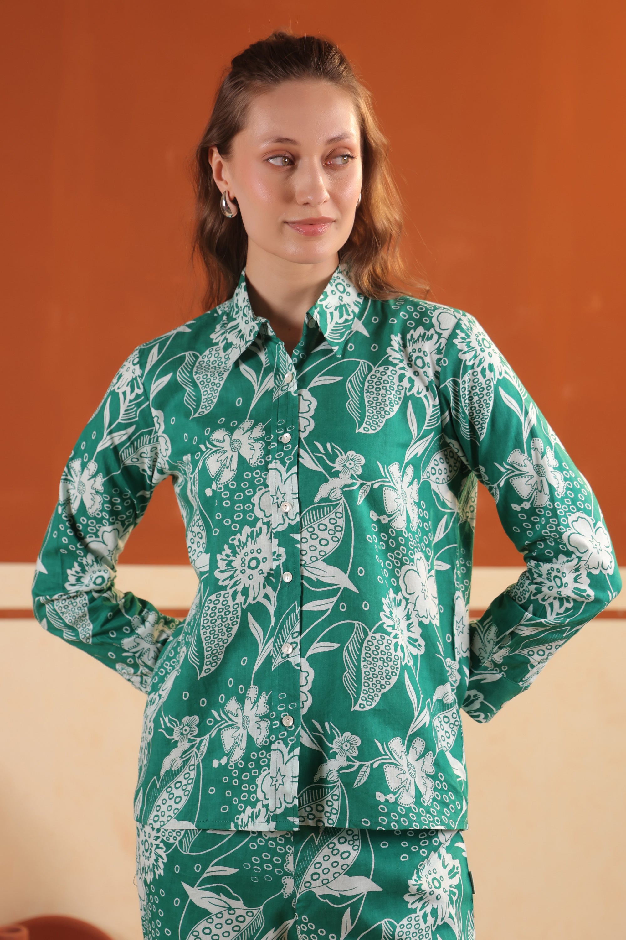 Green Floral Button-Down Printed Two Piece Cotton Co-ord Set