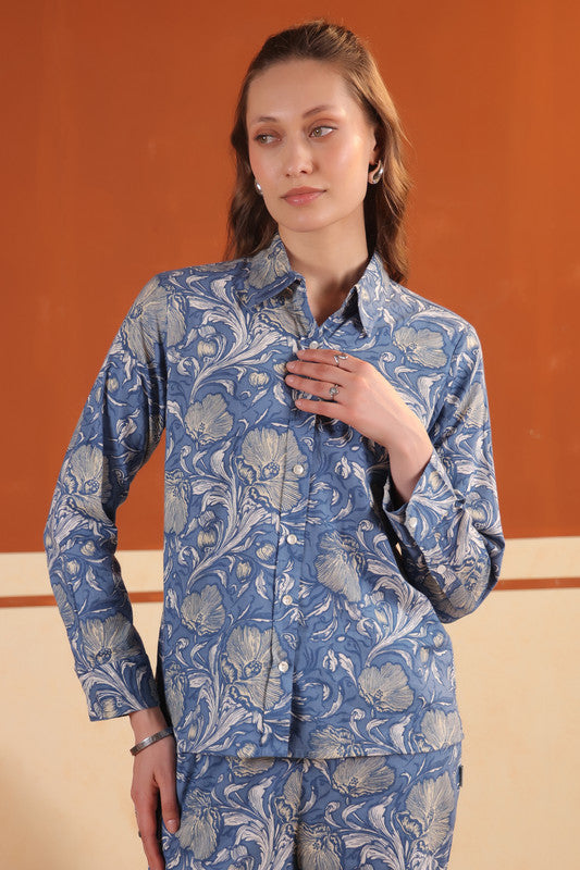 Dusty Blue Floral Printed Button-Down Shirt with Matching Pants Cotton Co-ord Set