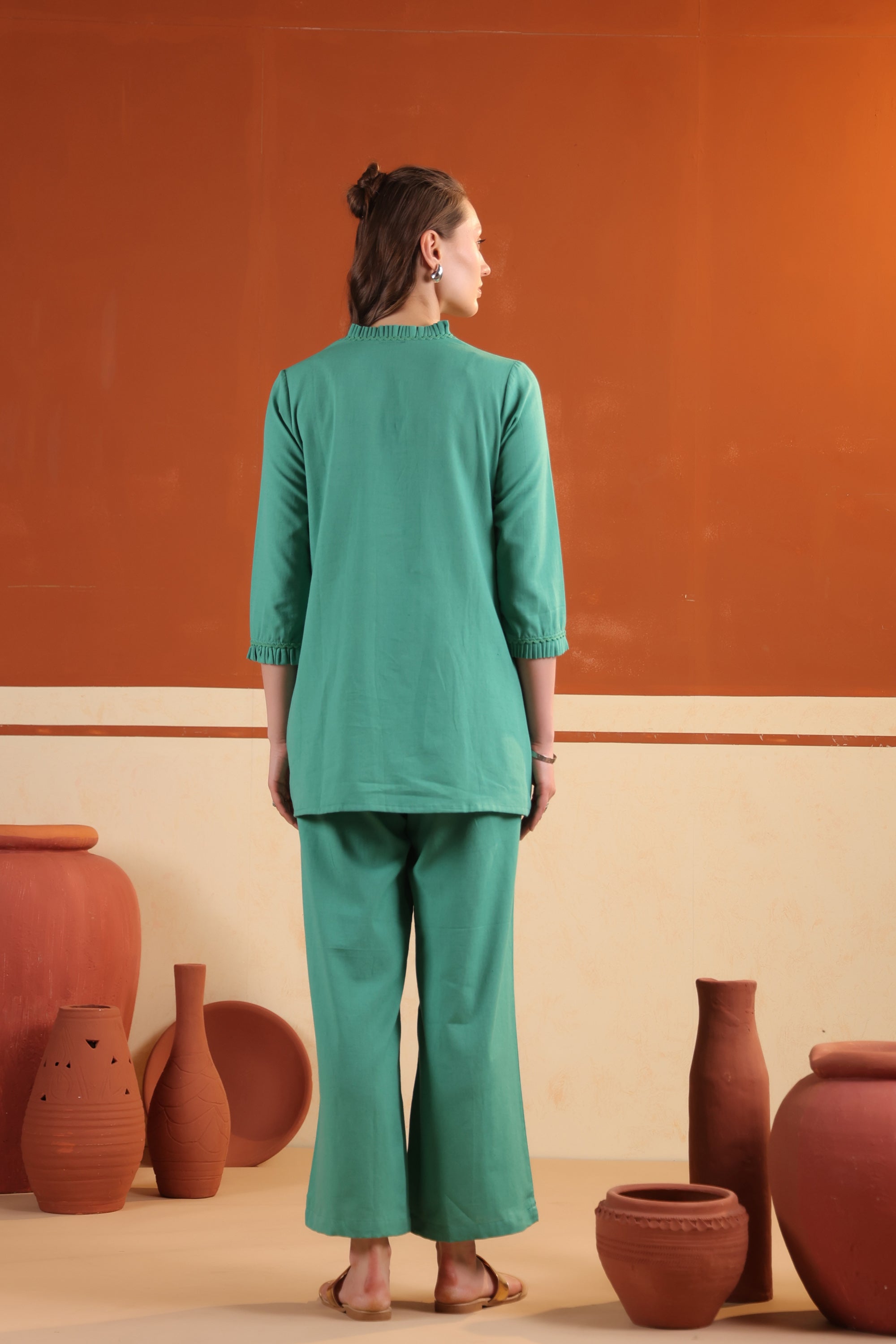 Green Solid Cotton Flex Elegant Minimal Style Top & Pant Co-ord Set