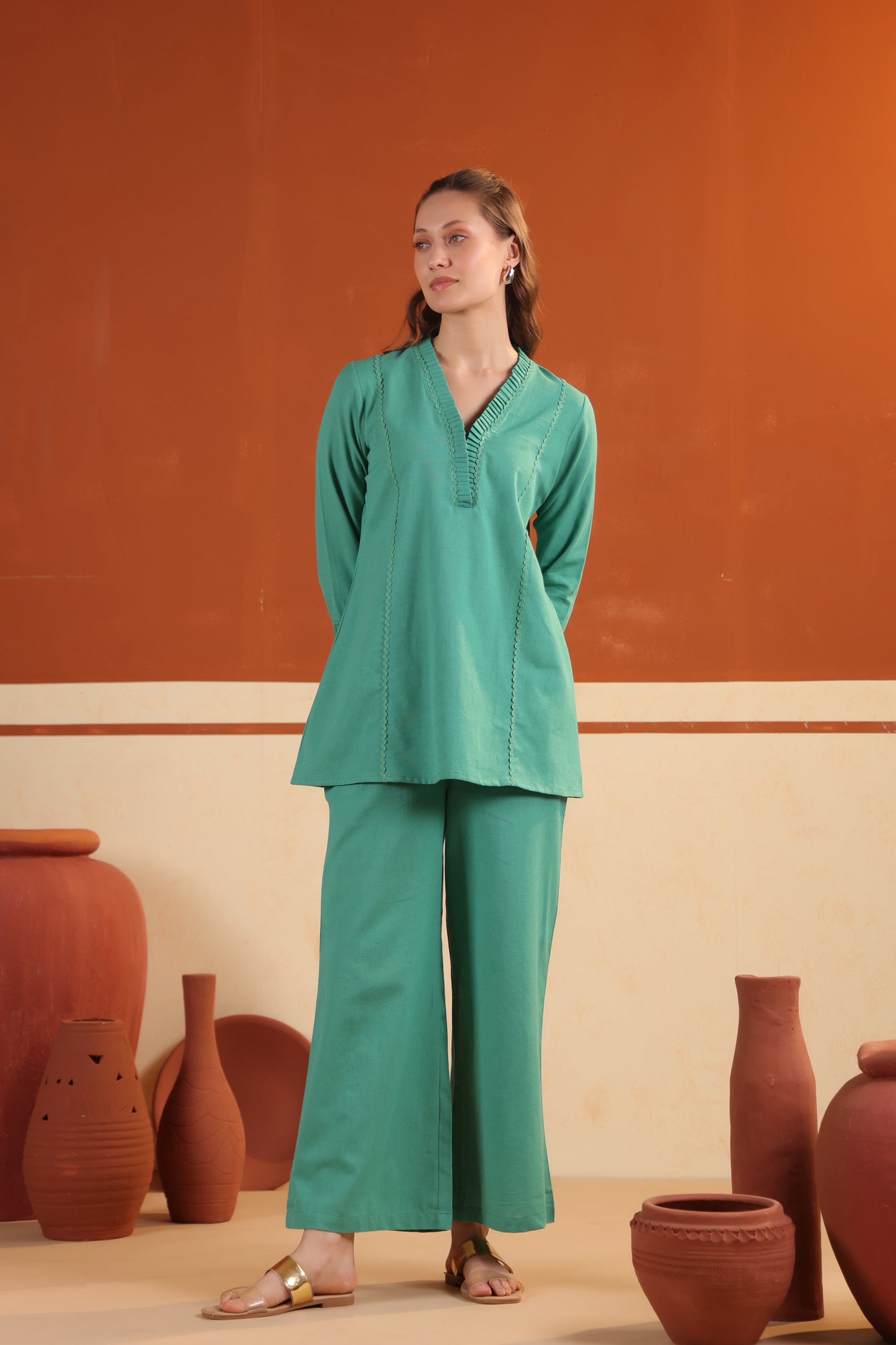 Green Solid Cotton Flex Elegant Minimal Style Top & Pant Co-ord Set