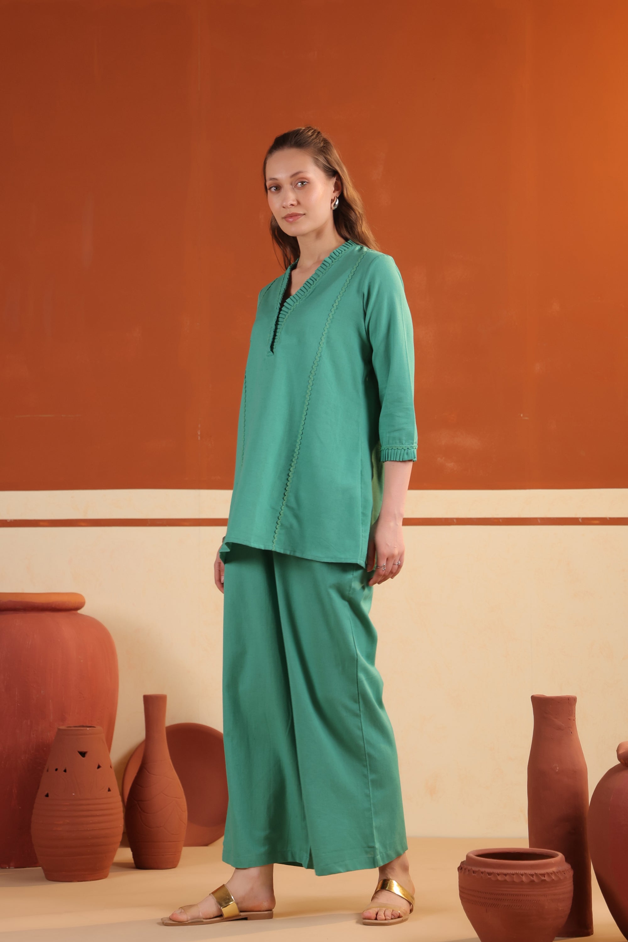 Green Solid Cotton Flex Elegant Minimal Style Top & Pant Co-ord Set