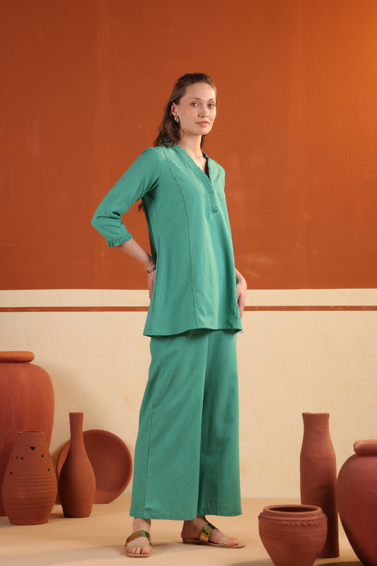 Teal Solid Cotton Flex Elegant Minimal Style Top & Pant Co-ord Set