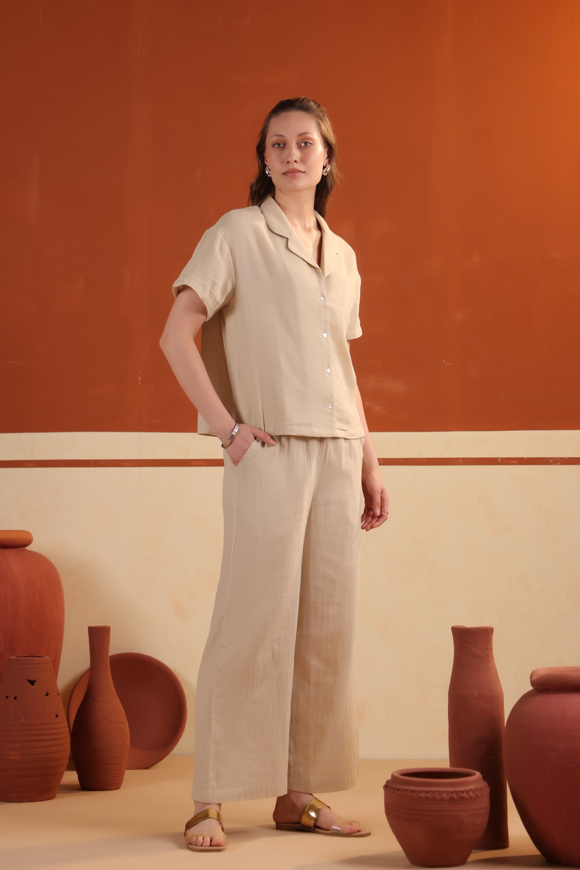 Beige Solid Short Cotton Night Suit Set With Pants