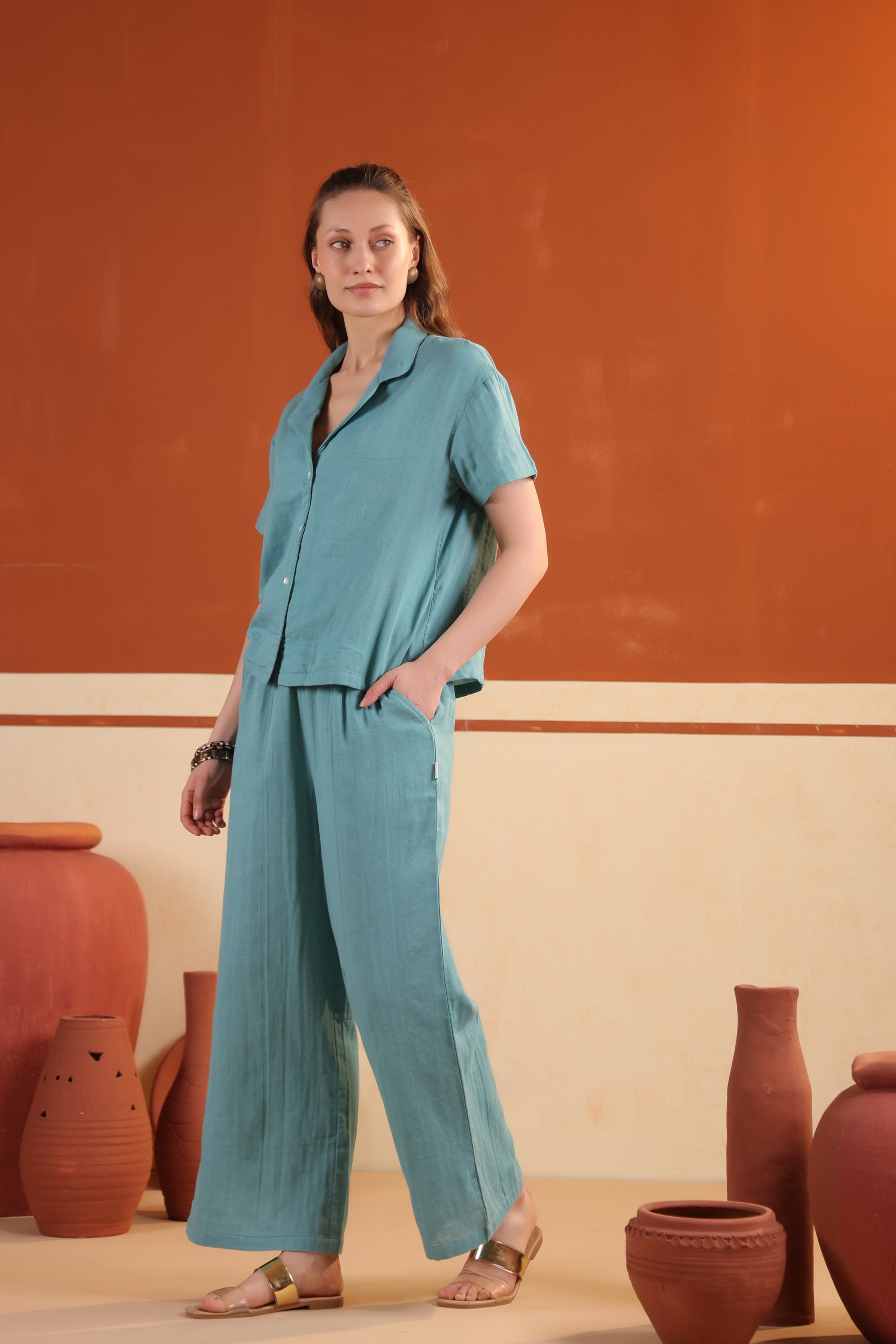 Blue Solid Cotton Button-Down Short Sleeve Night Suit Set