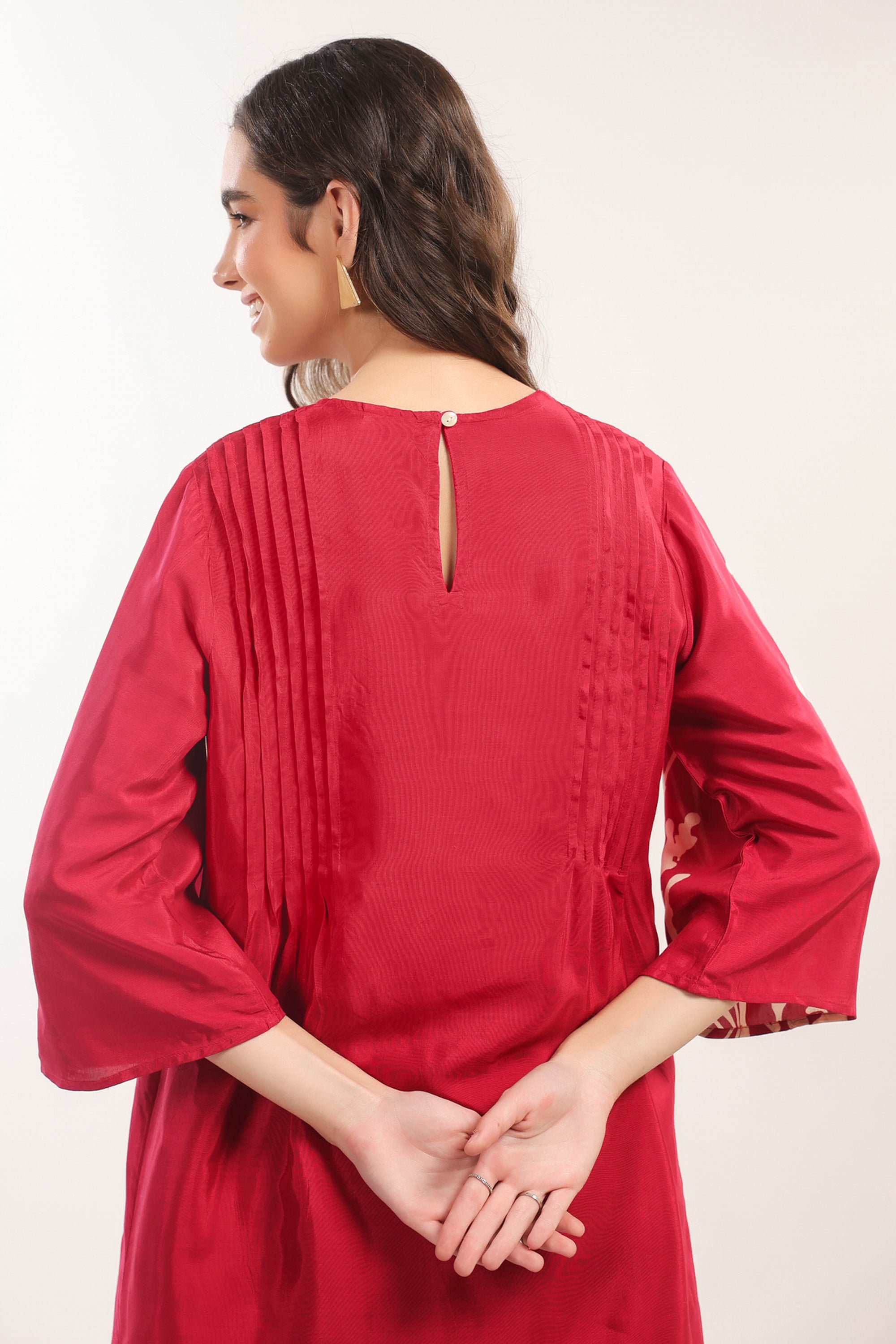 Elegant Crimson Red Floral Russian Silk Co-ord Set