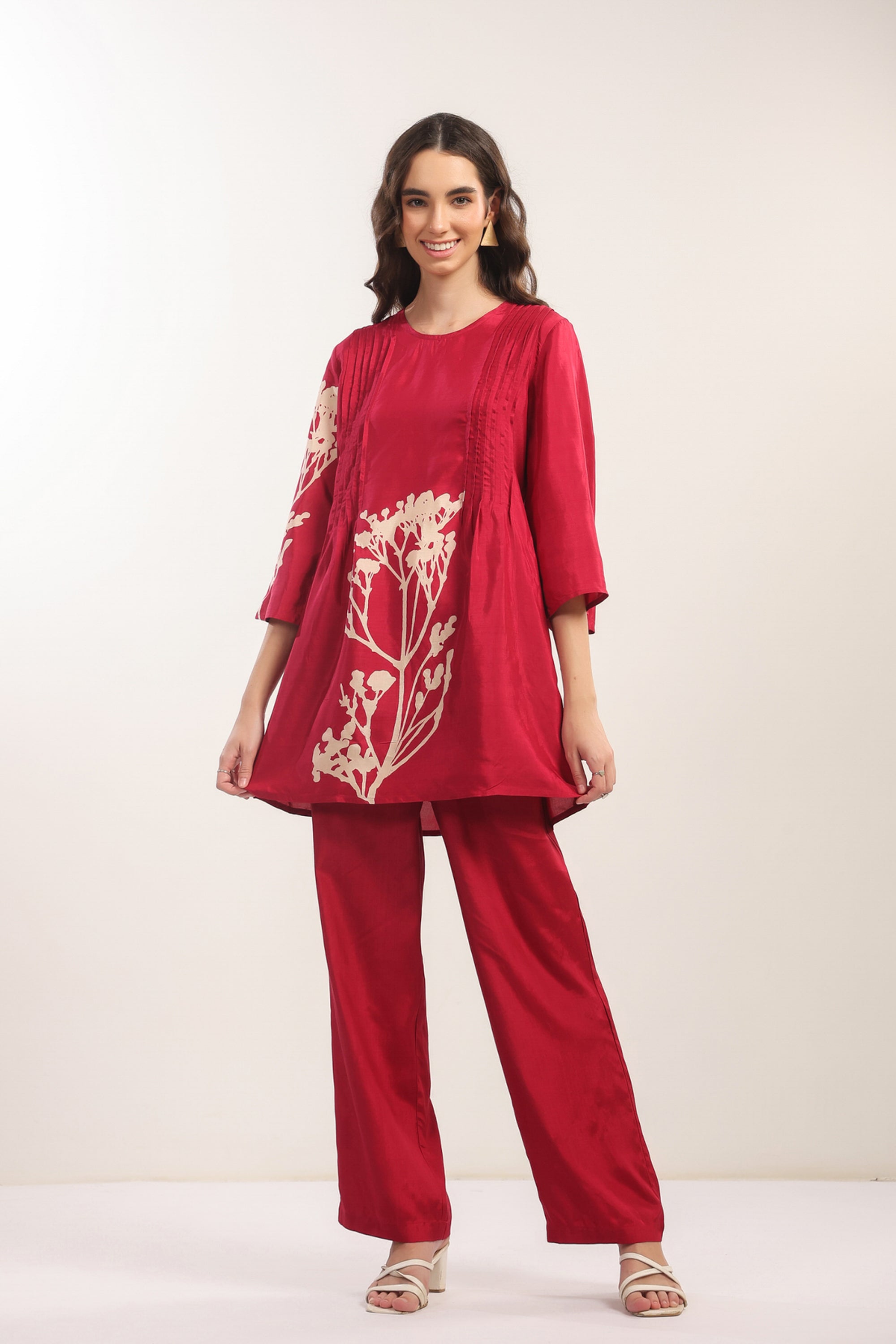 Elegant Crimson Red Floral Russian Silk Co-ord Set