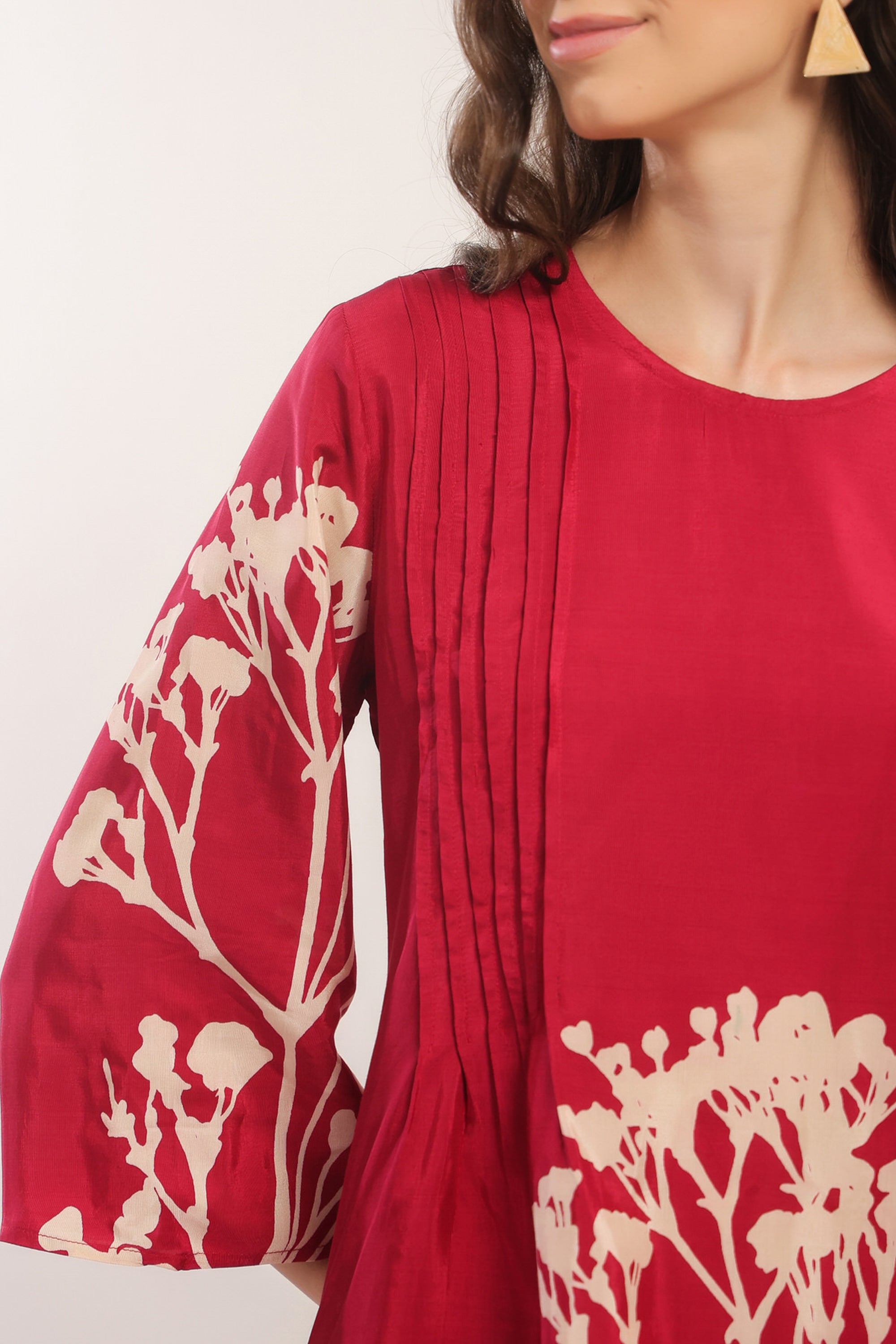 Elegant Crimson Red Floral Russian Silk Co-ord Set