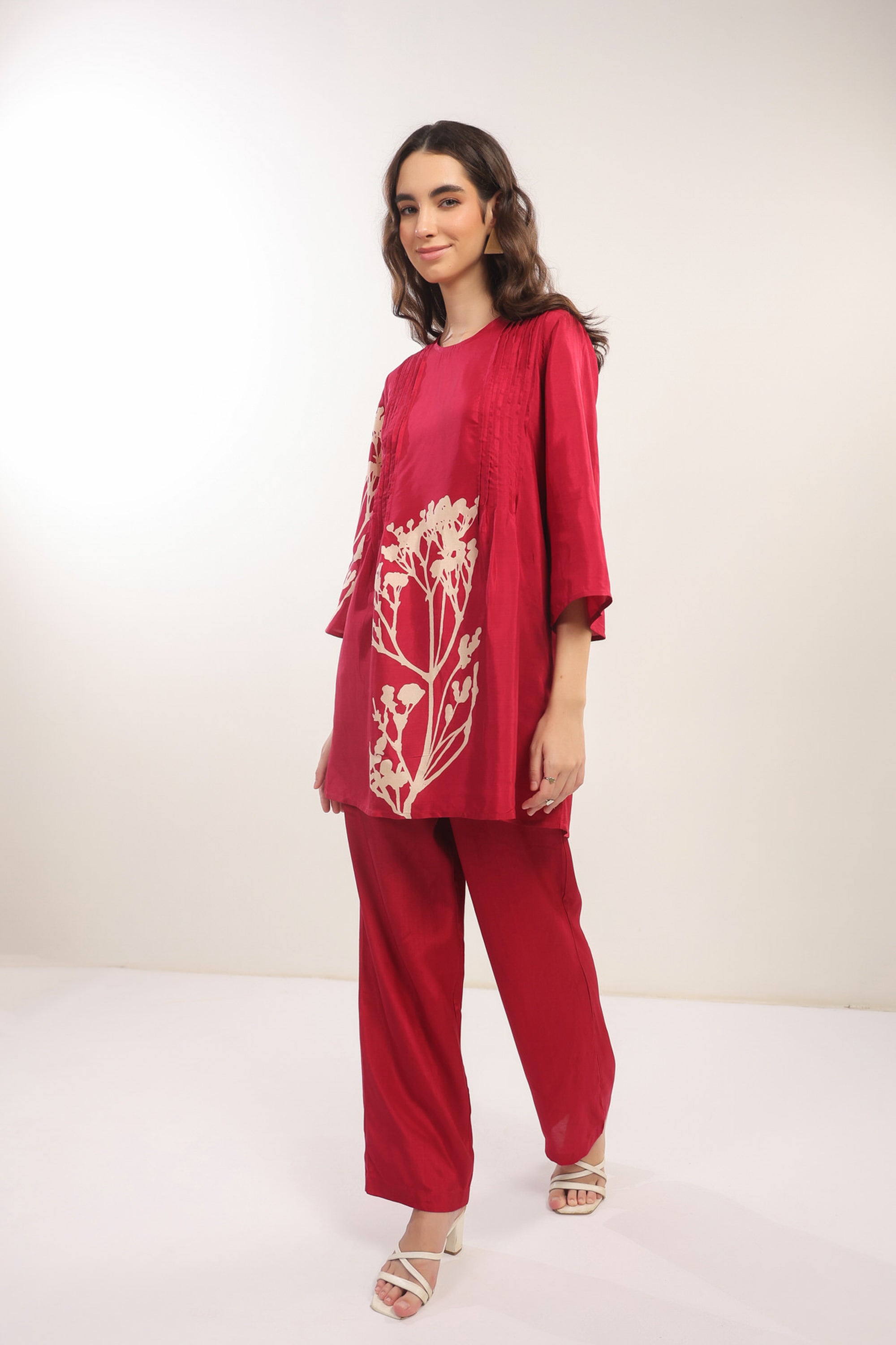 Elegant Crimson Red Floral Russian Silk Co-ord Set