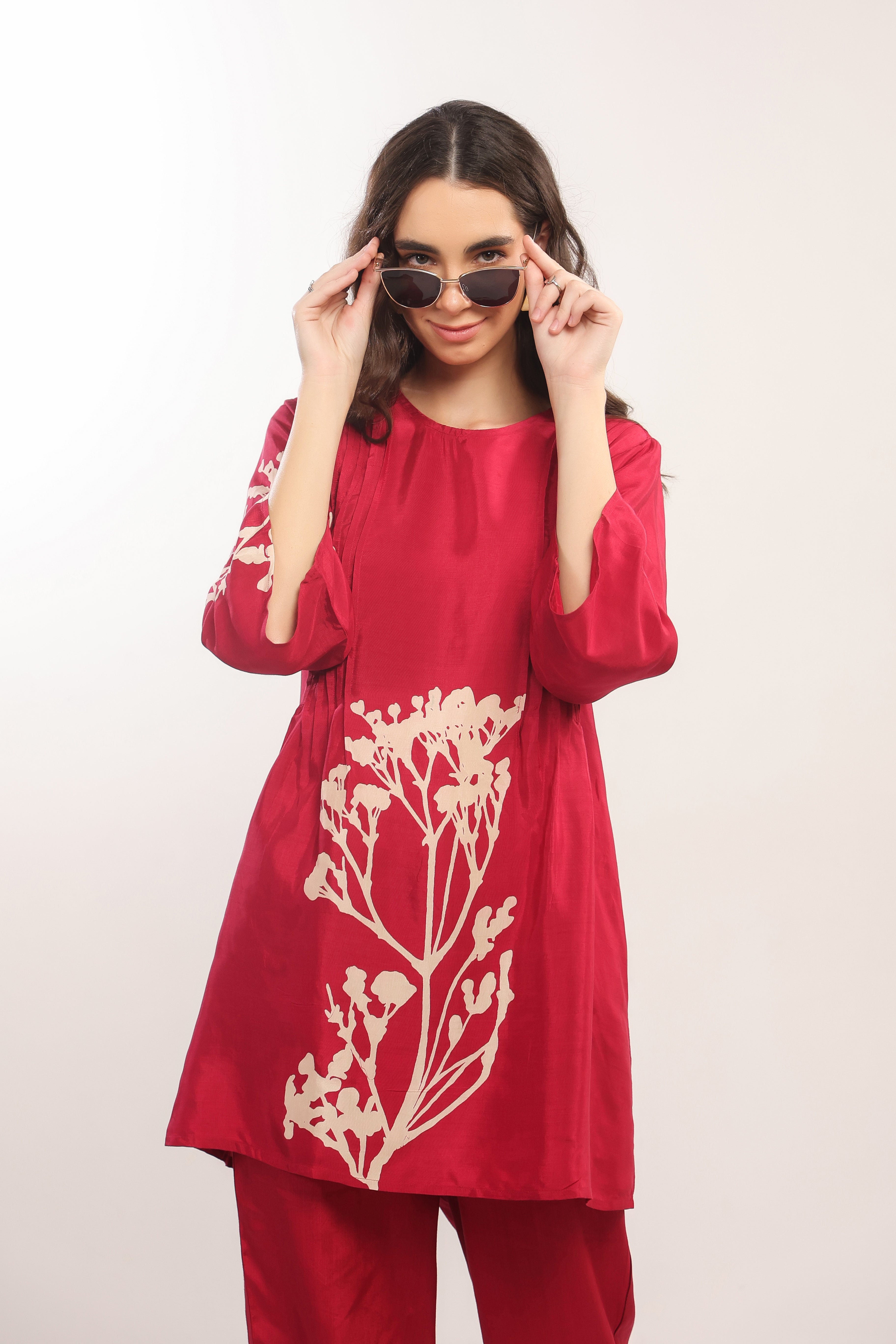 Elegant Crimson Red Floral Russian Silk Co-ord Set