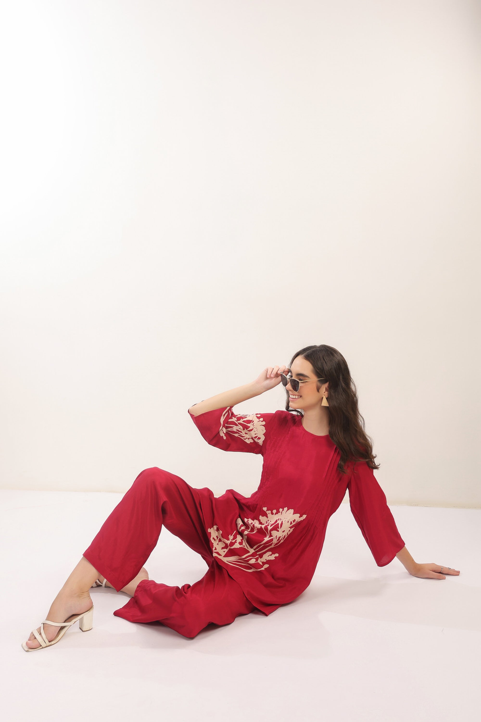 Elegant Crimson Red Floral Russian Silk Co-ord Set