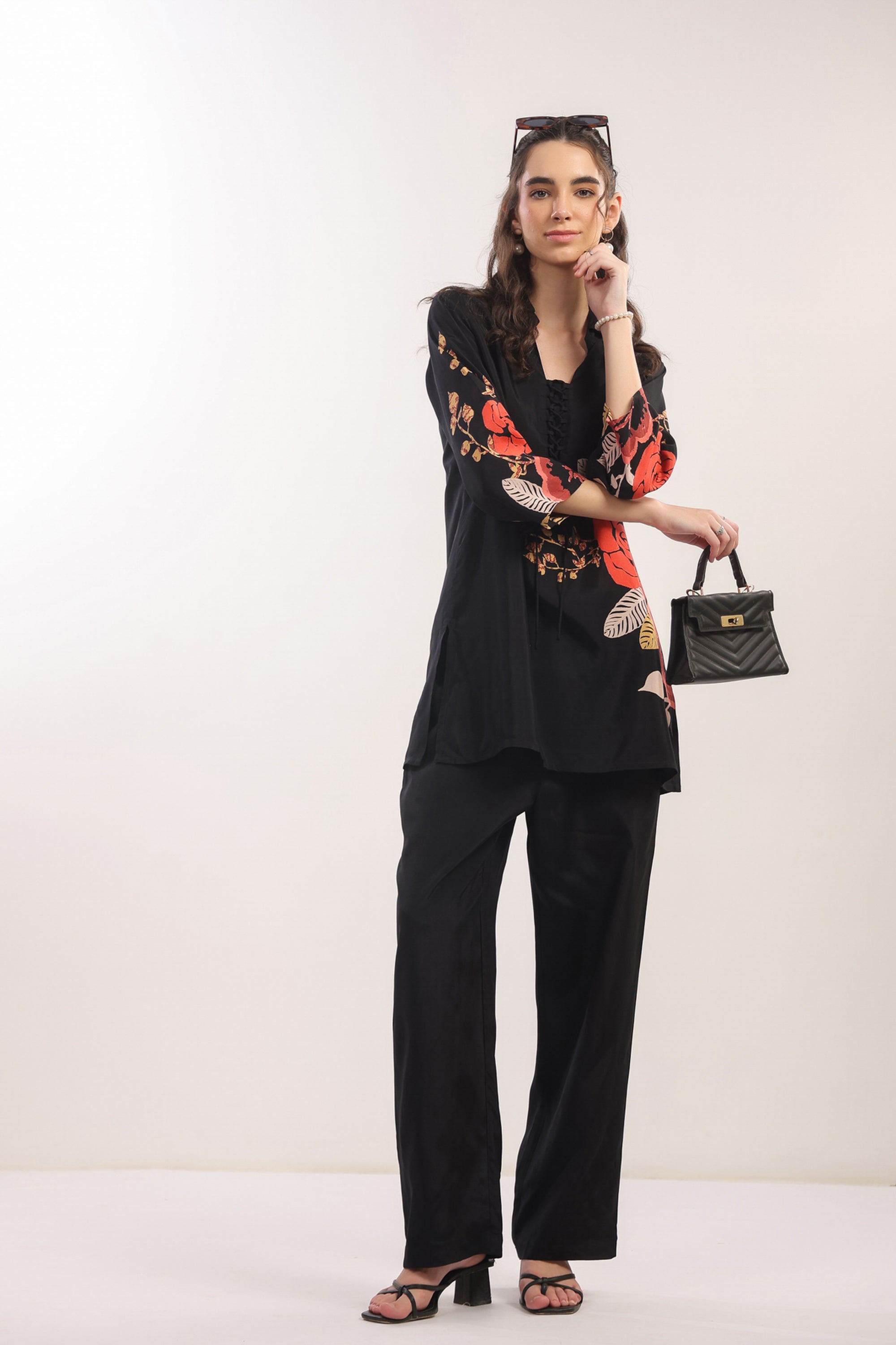 Black Floral Printed Russian Silk Co-ord Set