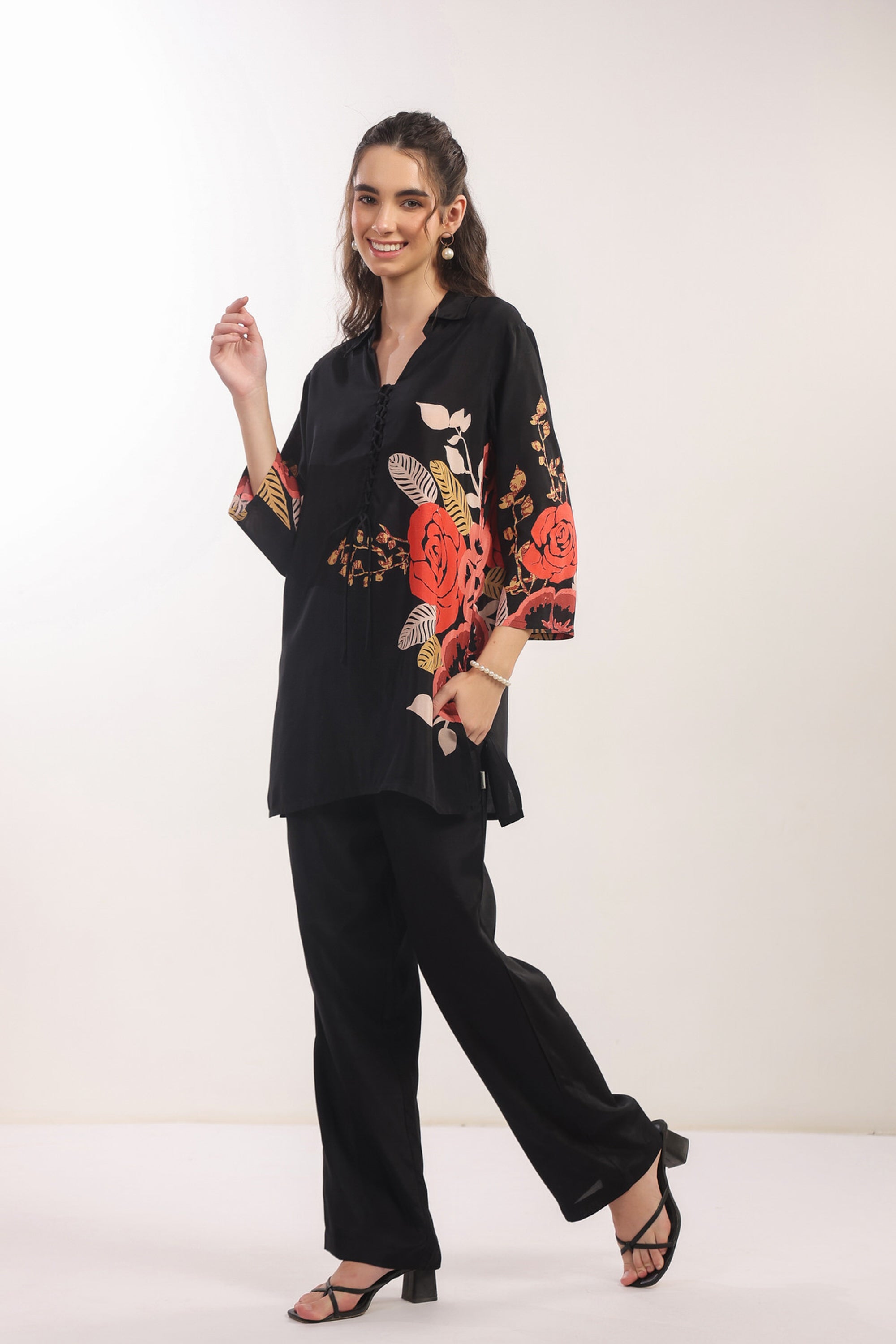 Black Floral Printed Russian Silk Co-ord Set