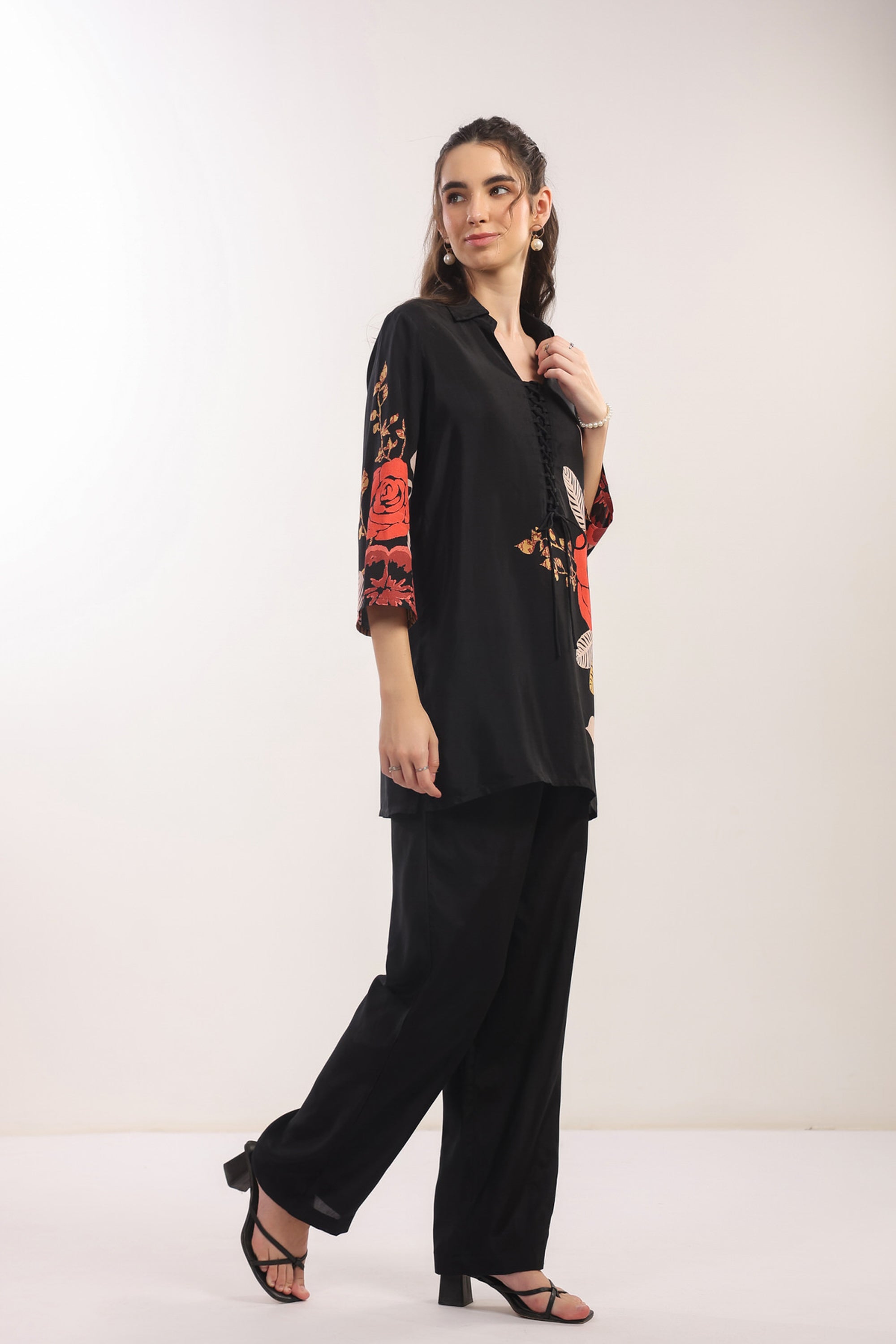 Black Floral Printed Russian Silk Co-ord Set