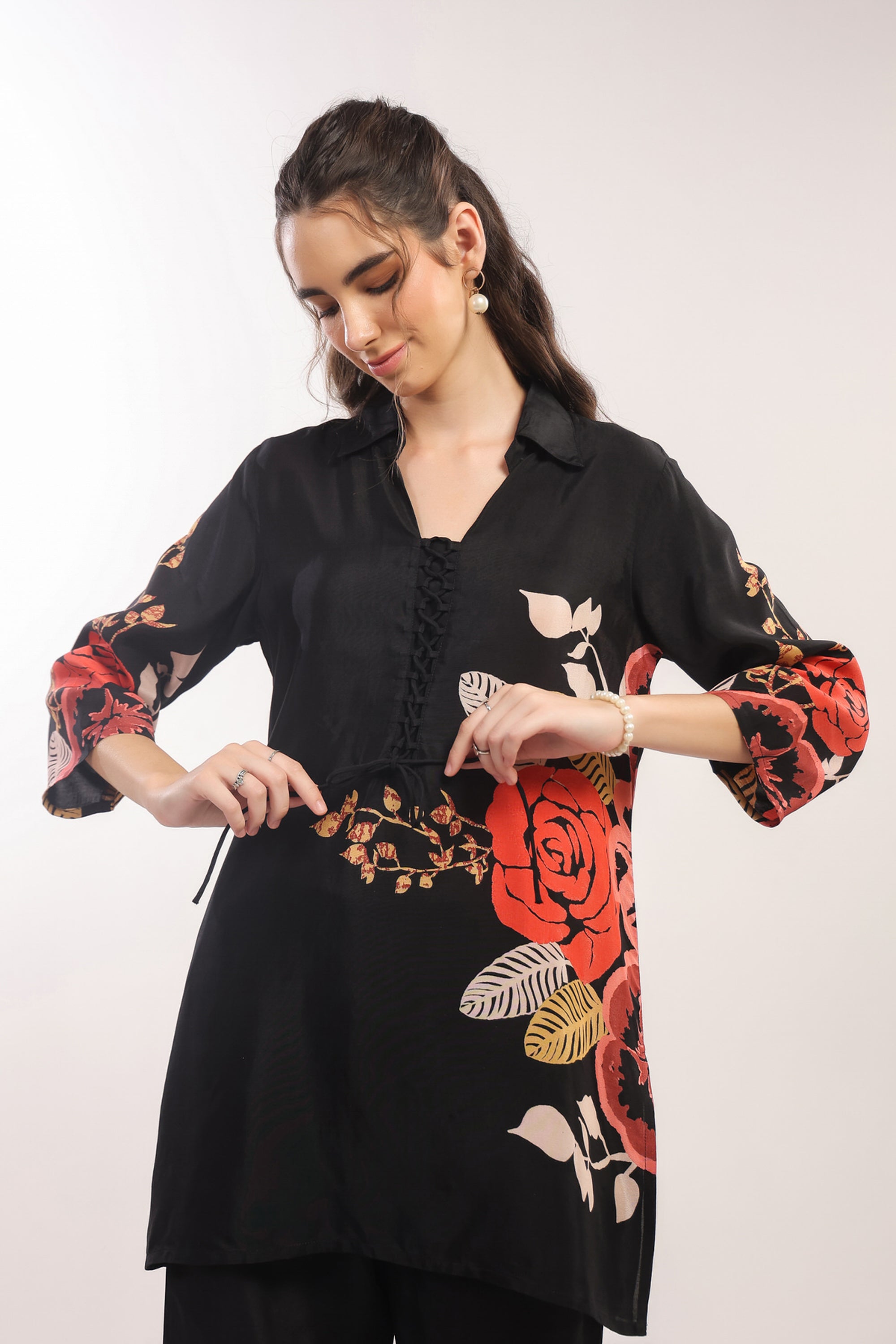 Black Floral Printed Russian Silk Co-ord Set