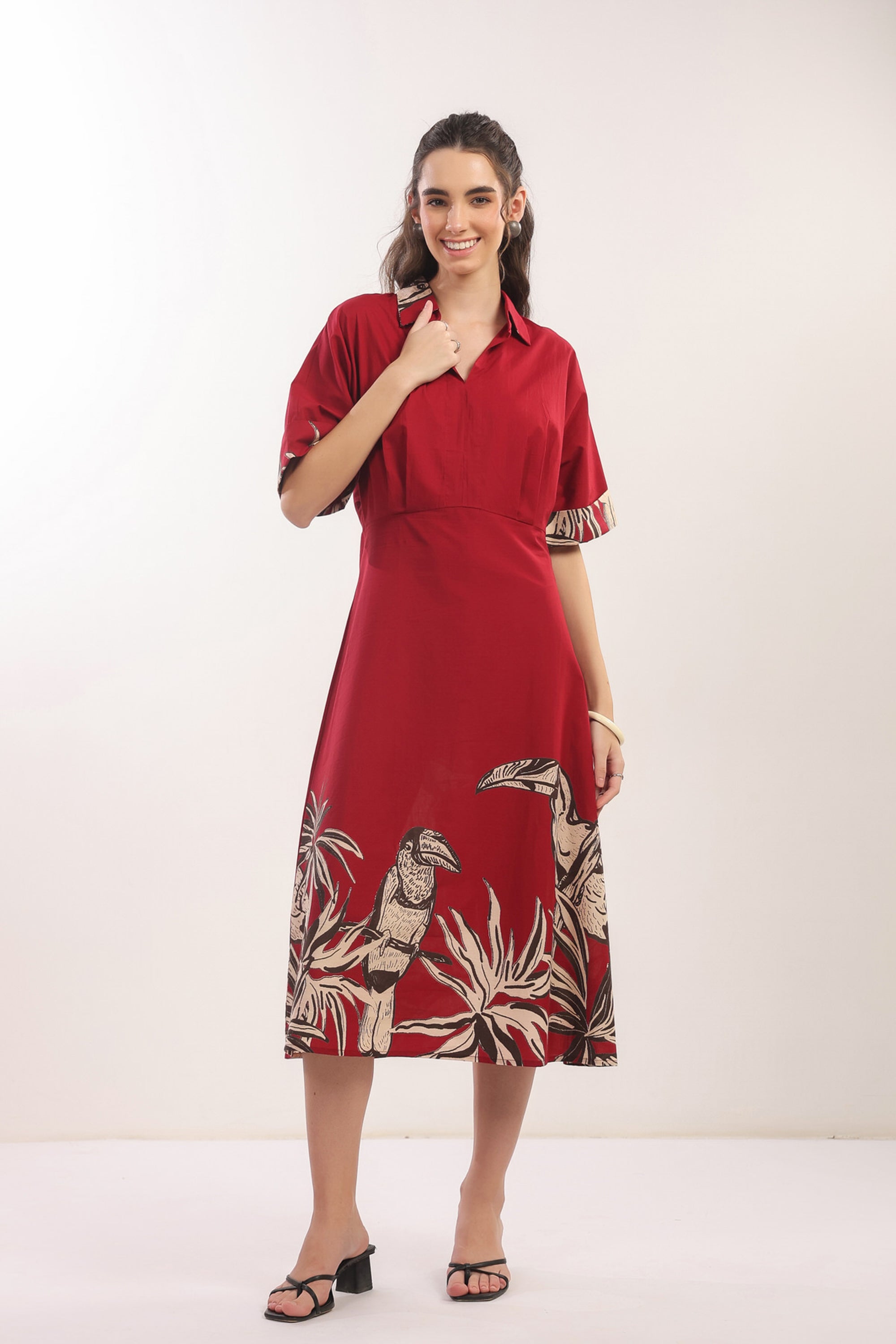 Crimson Jungle Vibe Red Cotton Shirt Dress