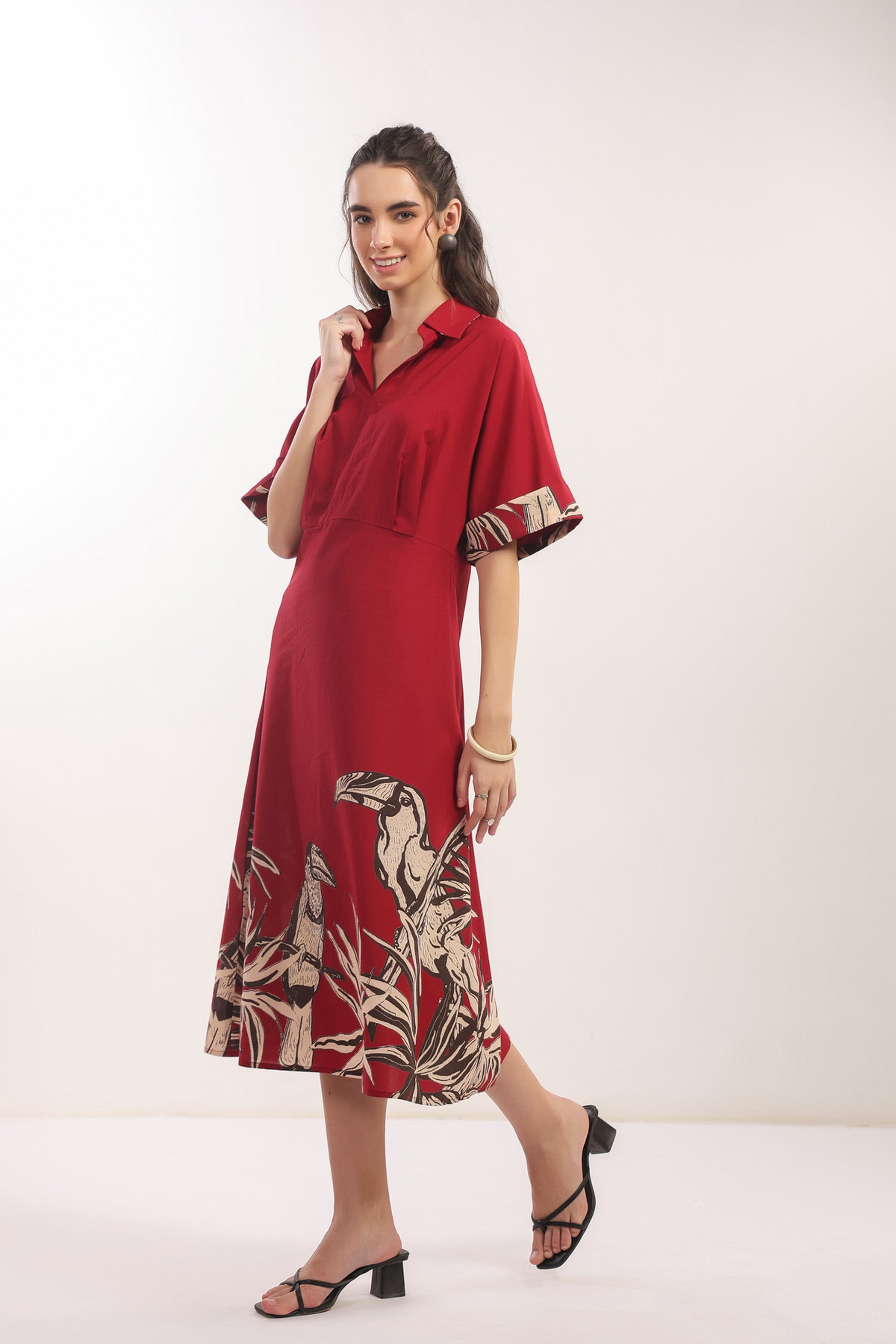 Crimson Jungle Vibe Red Cotton Shirt Dress