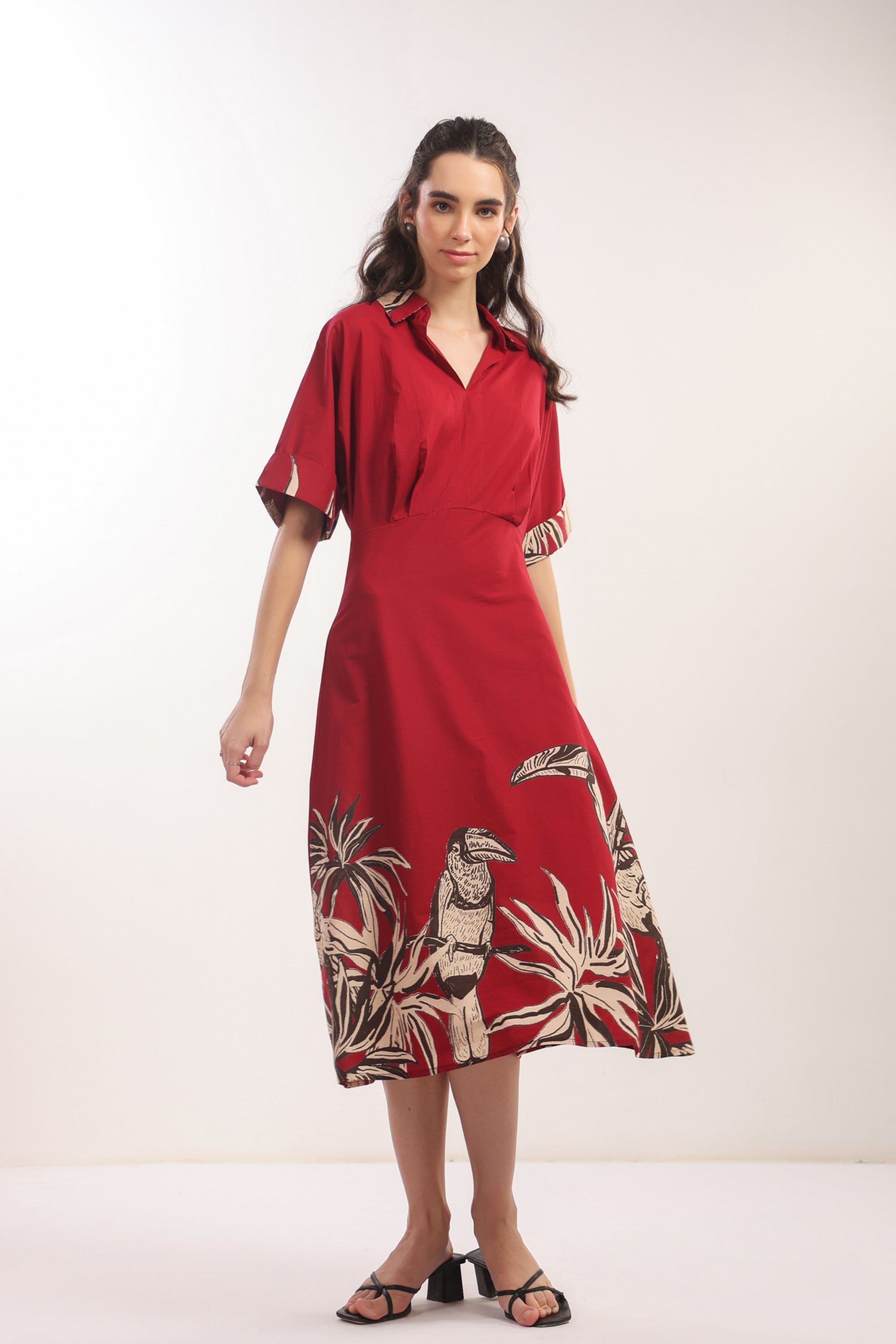 Crimson Jungle Vibe Red Cotton Shirt Dress