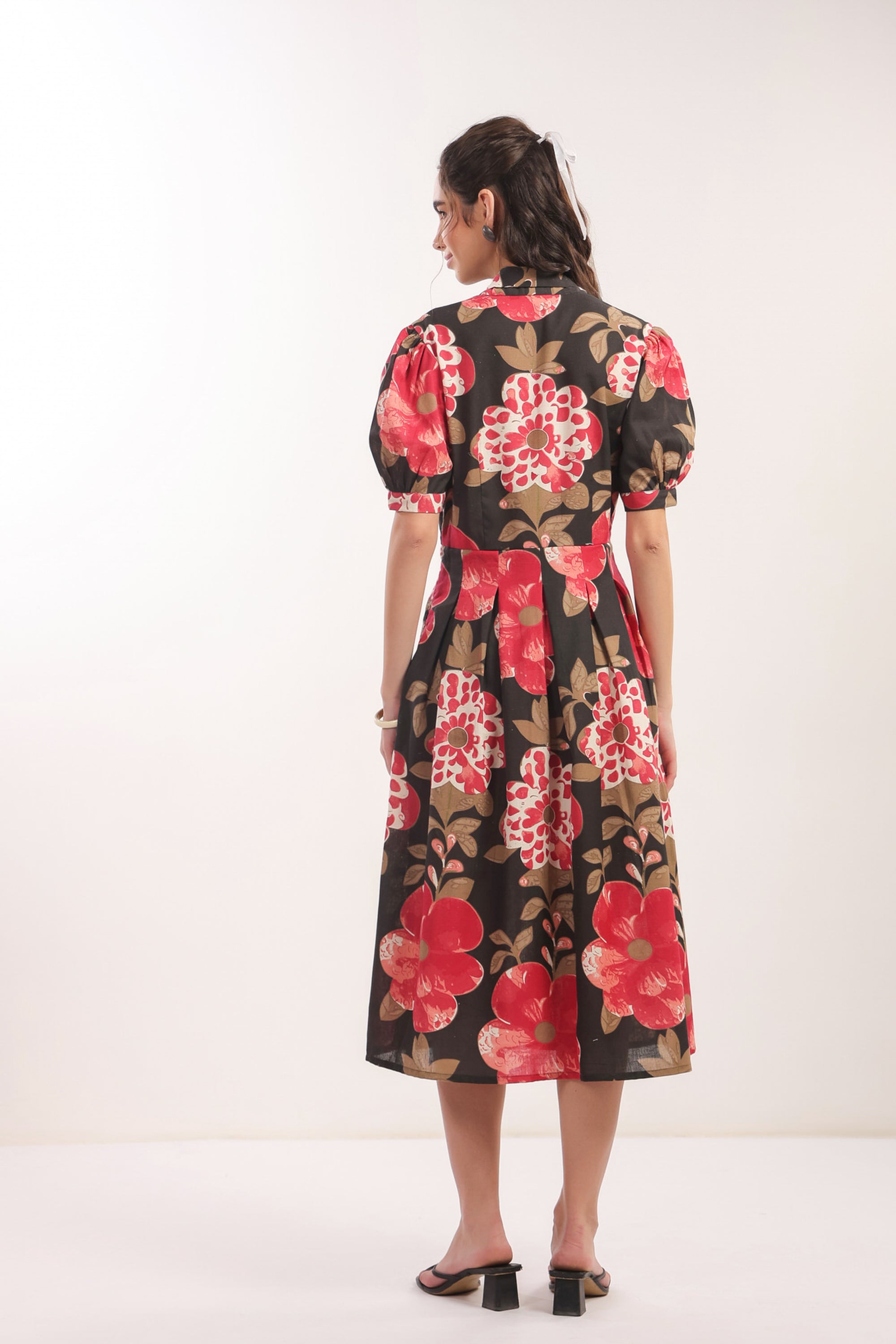 Bold Blossom Black Floral Midi Cotton Flex Dress