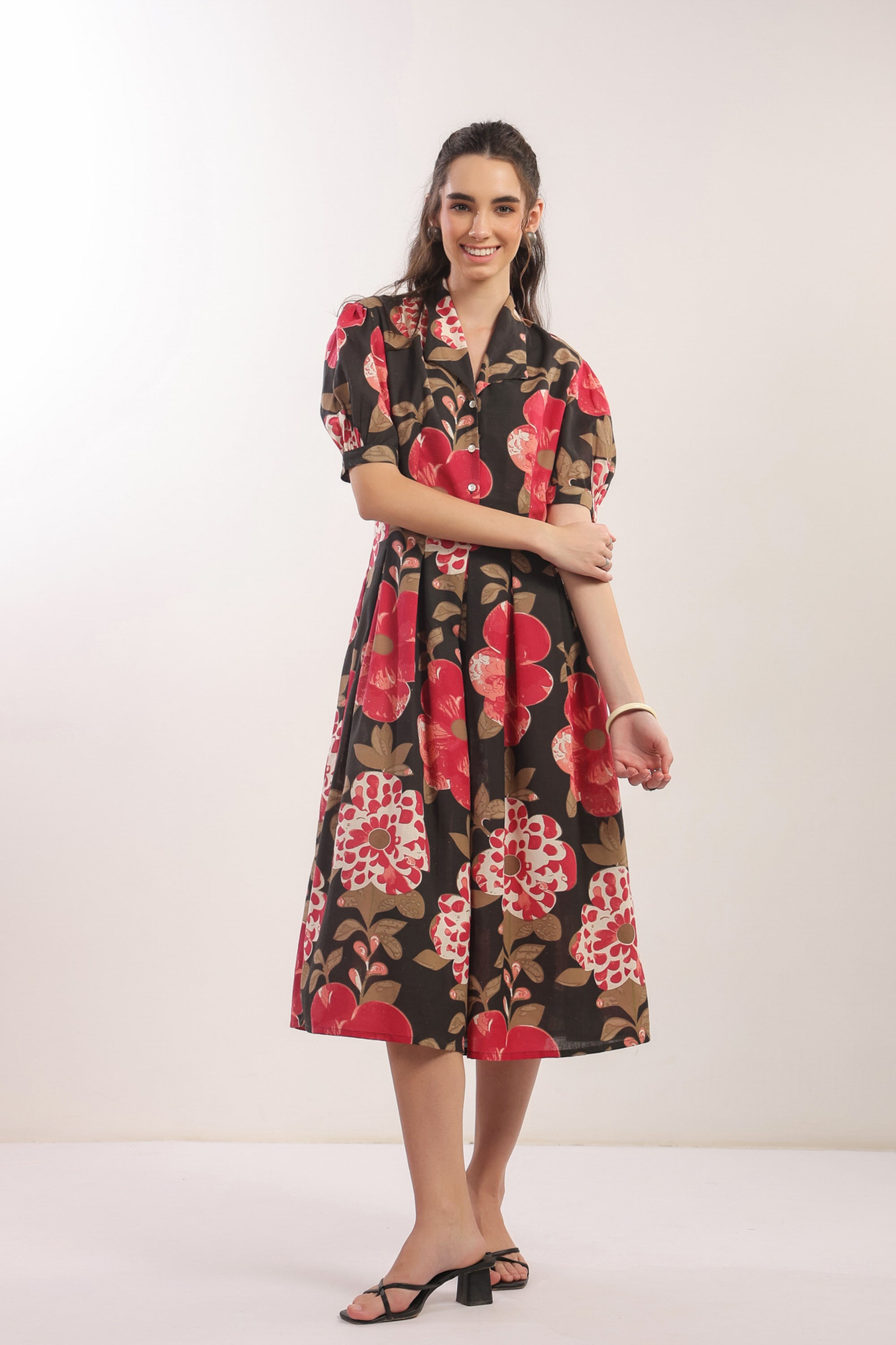 Bold Blossom Black Floral Midi Cotton Flex Dress